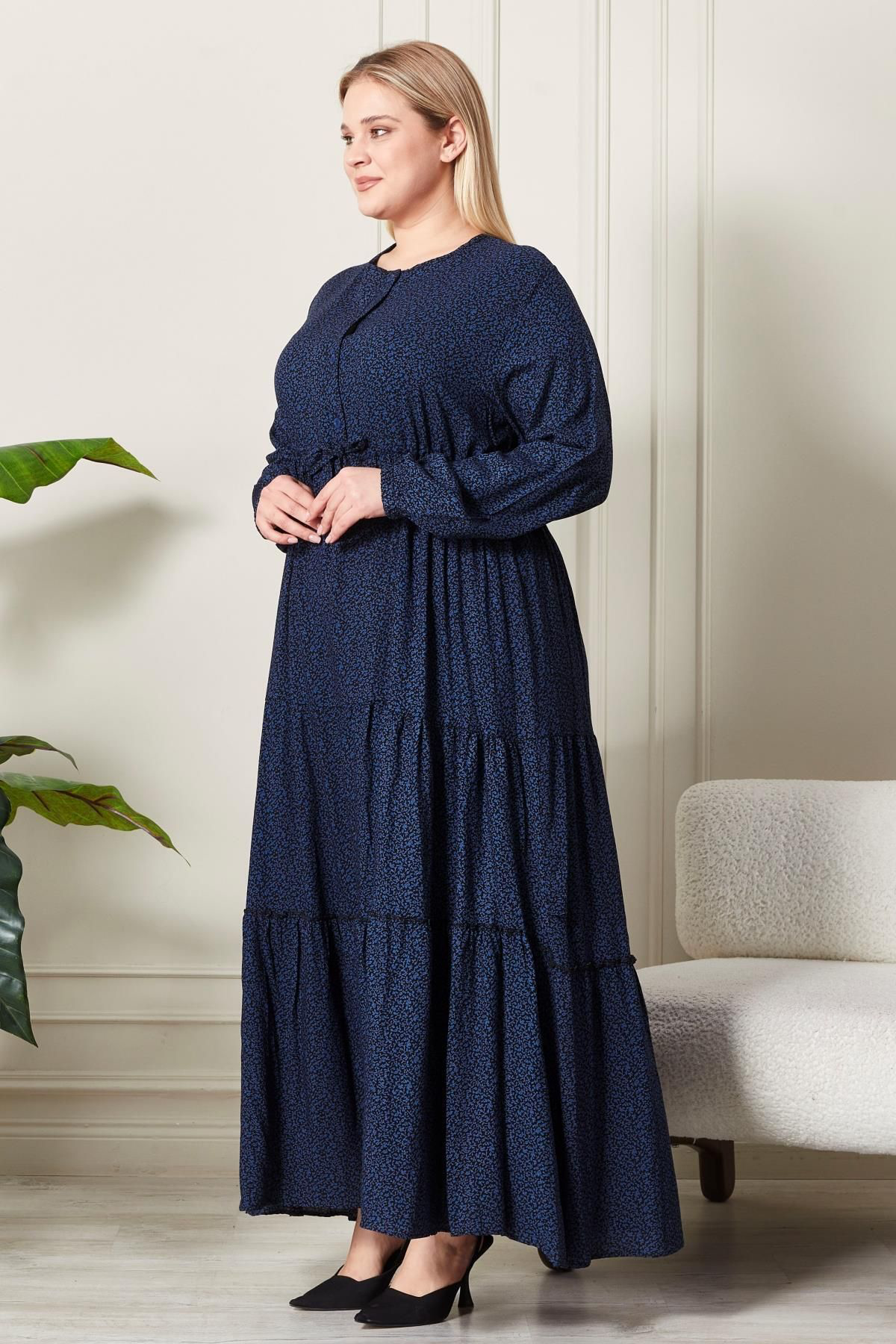 Kadın Büyük Beden Çıtır Kumaş Düğmeli Elbise