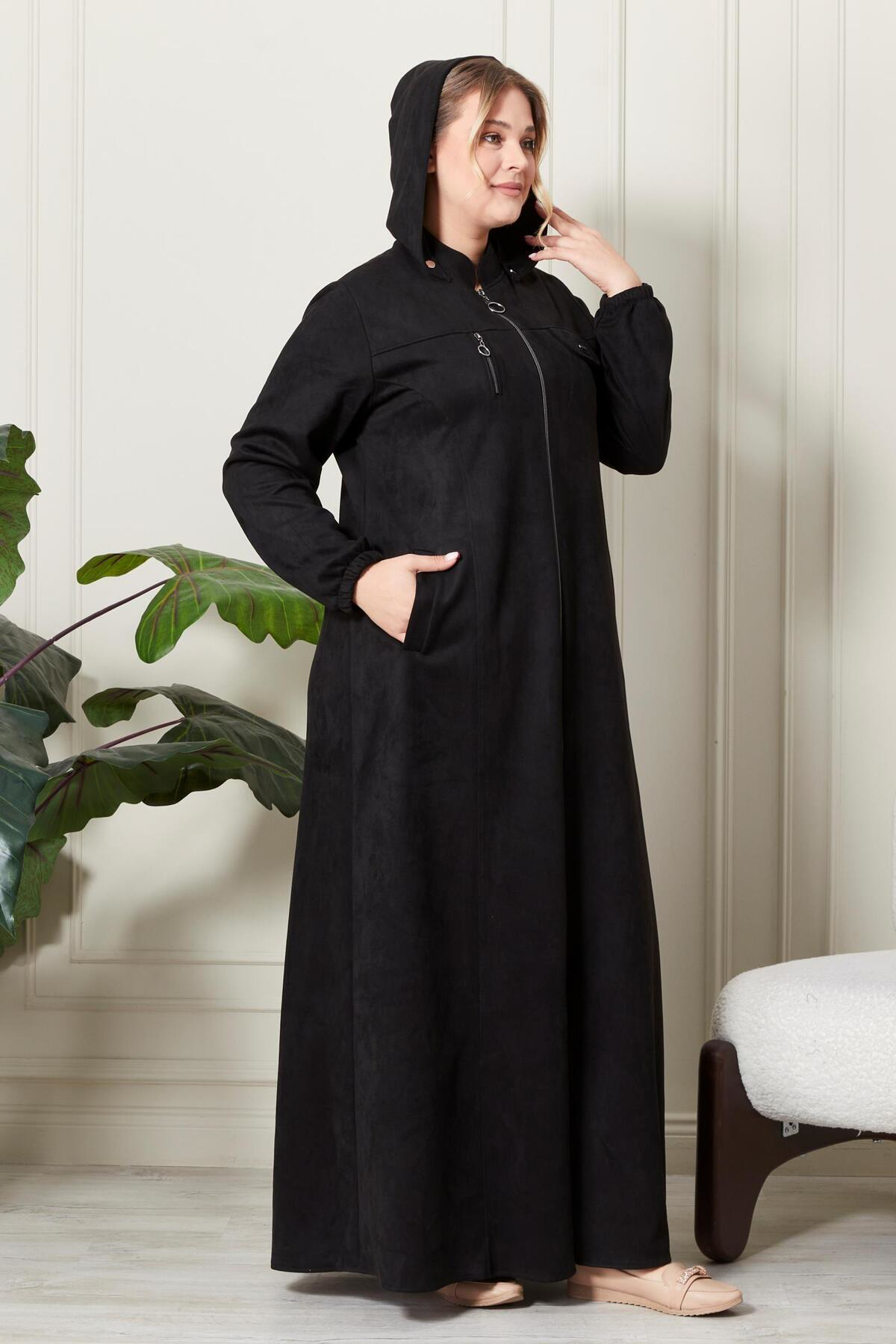 Kadın Büyük Beden Tesettür Süet Kap - Boydan Göğsü Fermuarlı Kapü