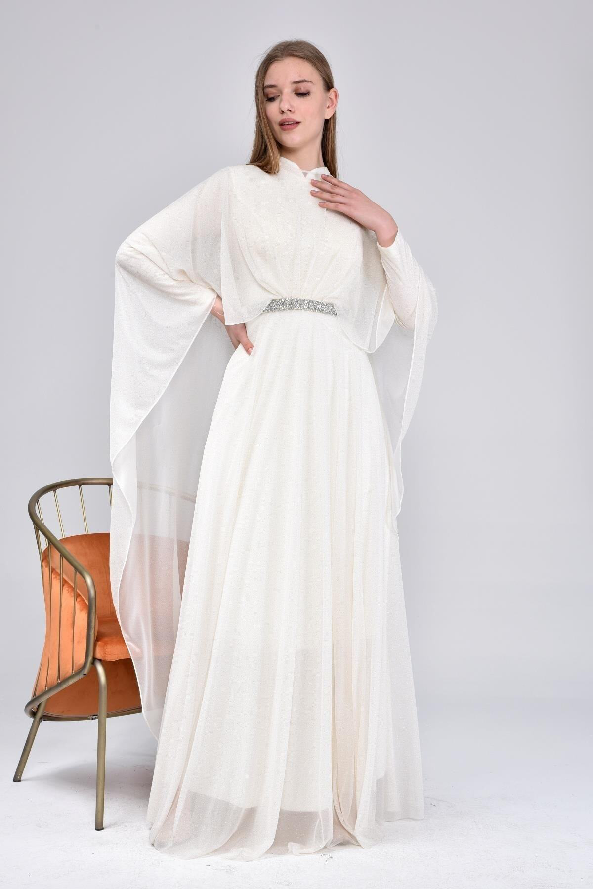 Ferace Kadin Buyuk Beden Abiye Elbise Pelerinli Ve Simli