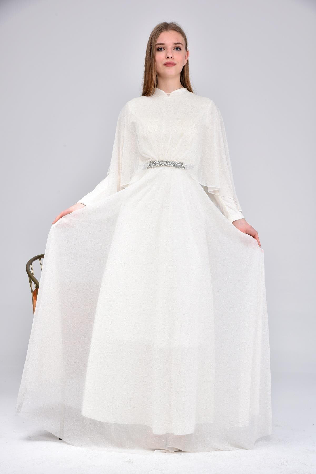 Ferace Kadin Buyuk Beden Abiye Elbise Pelerinli Ve Simli