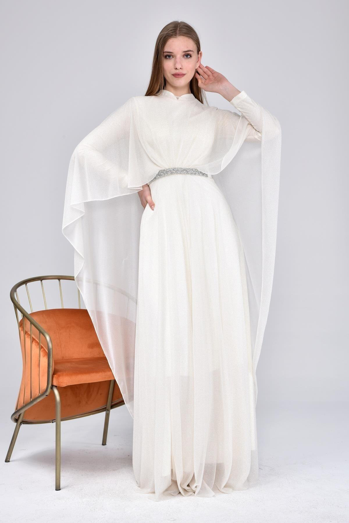 Ferace Kadin Buyuk Beden Abiye Elbise Pelerinli Ve Simli