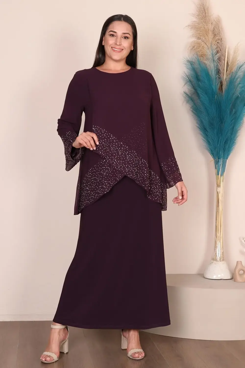 Kadin Buyuk Beden Abiye Elbise I?nce Tas Baskılı Tesettur Abiye T