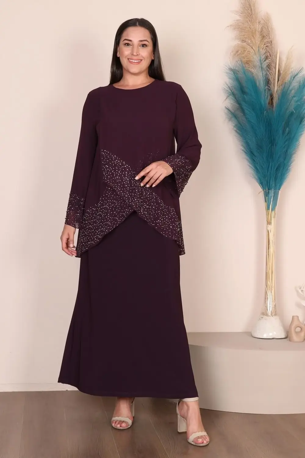 Kadin Buyuk Beden Abiye Elbise I?nce Tas Baskılı Tesettur Abiye T