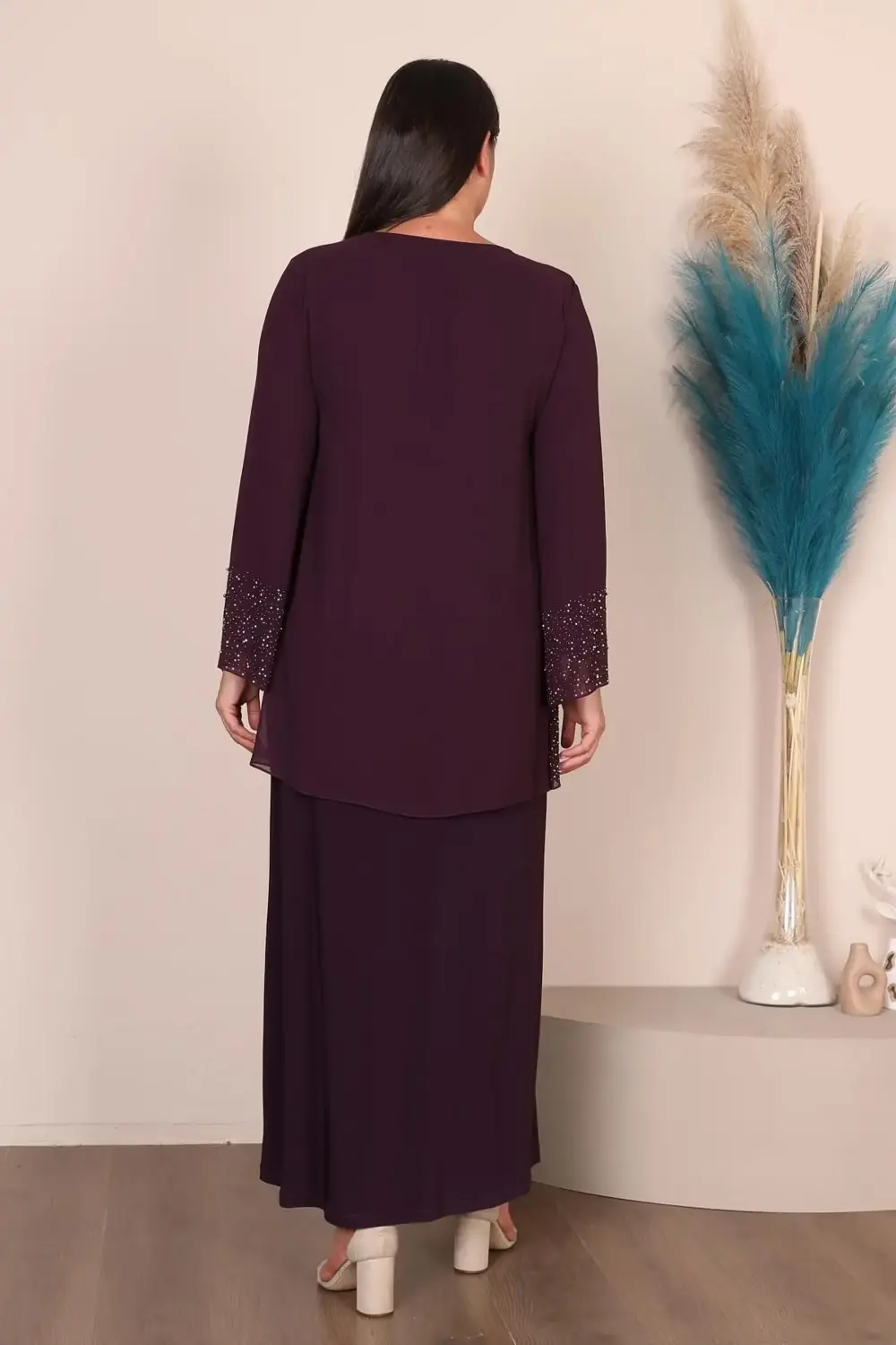 Kadin Buyuk Beden Abiye Elbise I?nce Tas Baskılı Tesettur Abiye T