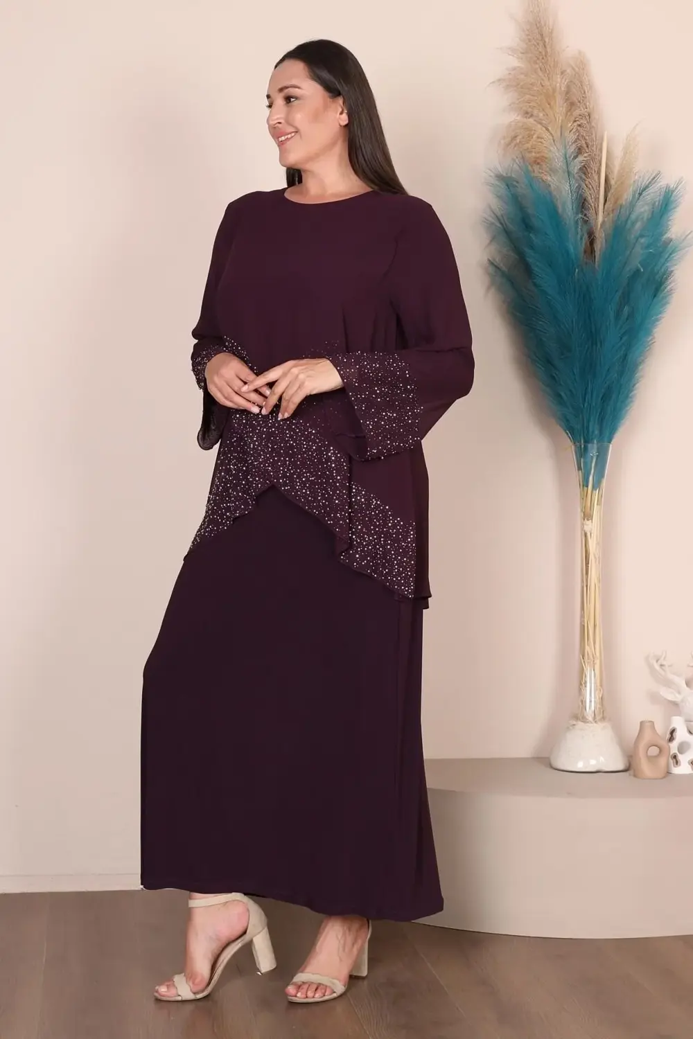 Kadin Buyuk Beden Abiye Elbise I?nce Tas Baskılı Tesettur Abiye T