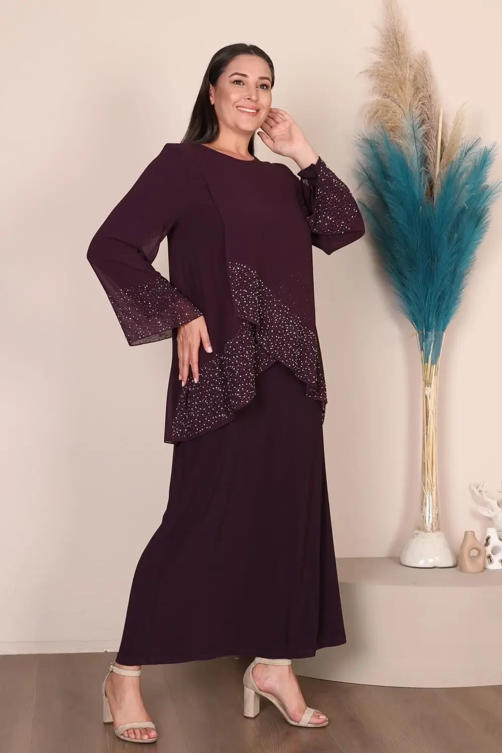 Kadin Buyuk Beden Abiye Elbise I?nce Tas Baskılı Tesettur Abiye T