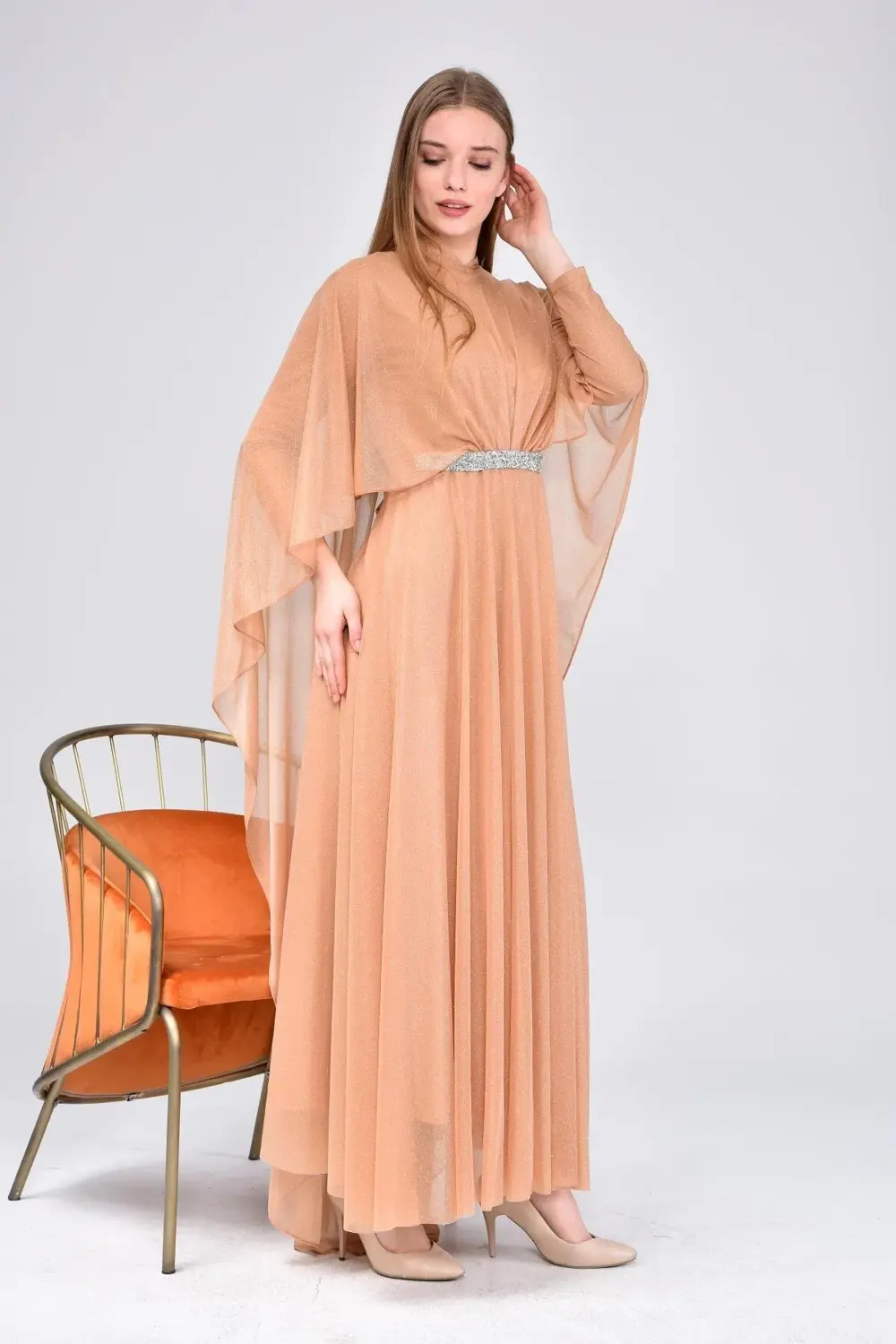 Kadin Buyuk Beden Abiye Elbise Pelerinli Ve Simli