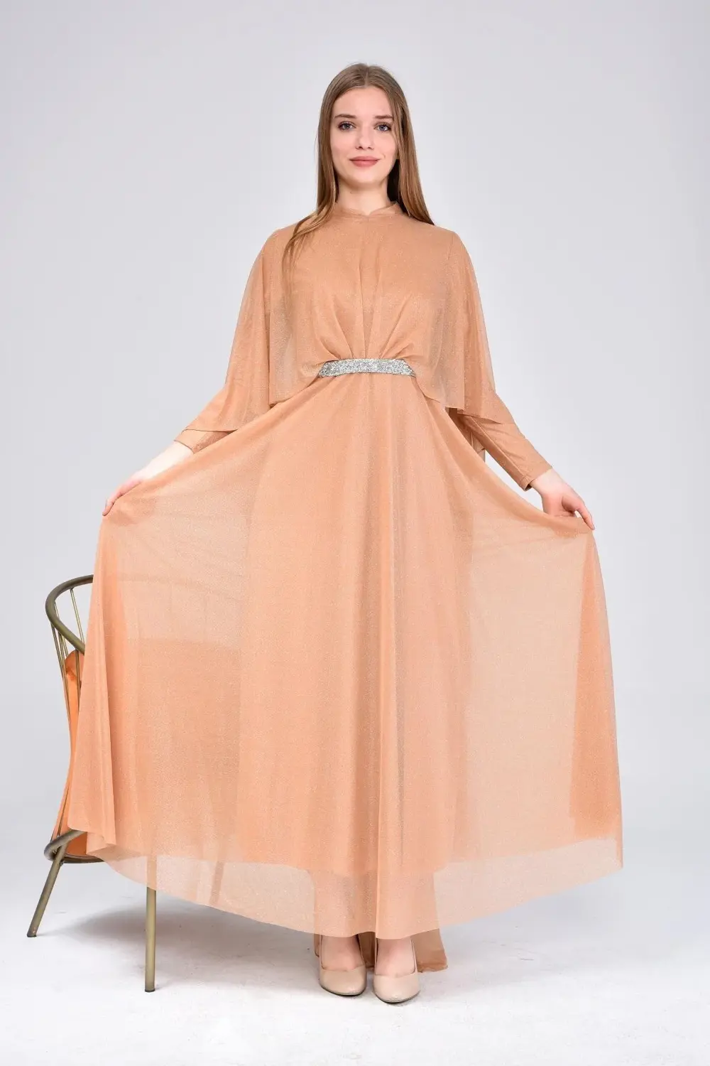 Kadin Buyuk Beden Abiye Elbise Pelerinli Ve Simli