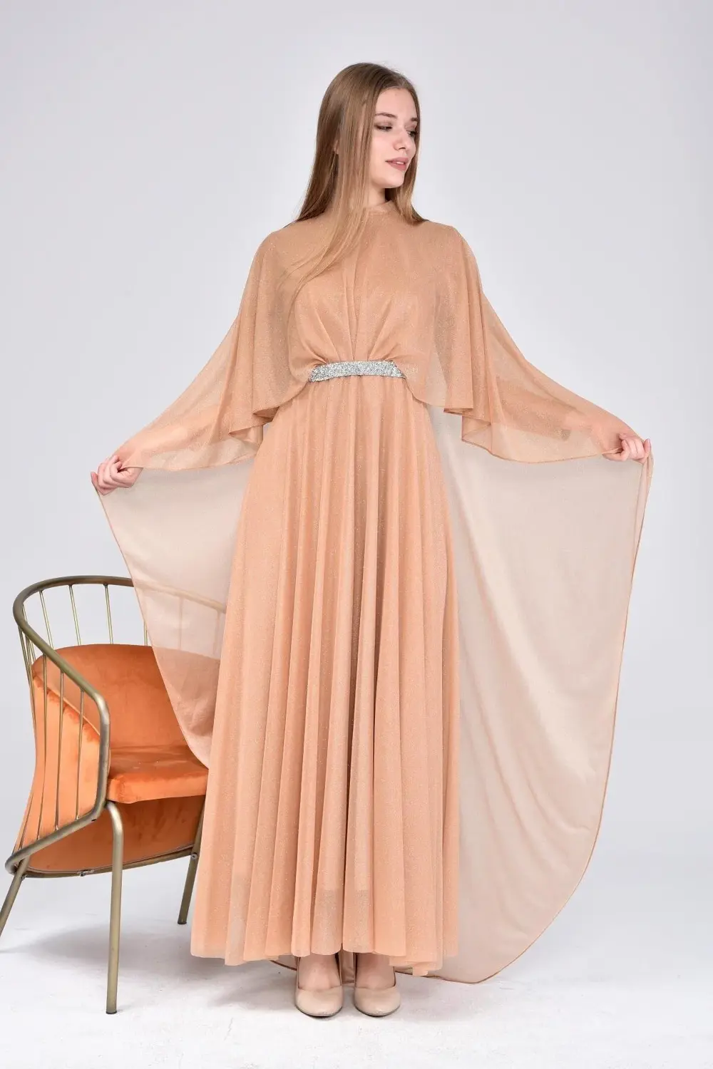 Kadin Buyuk Beden Abiye Elbise Pelerinli Ve Simli