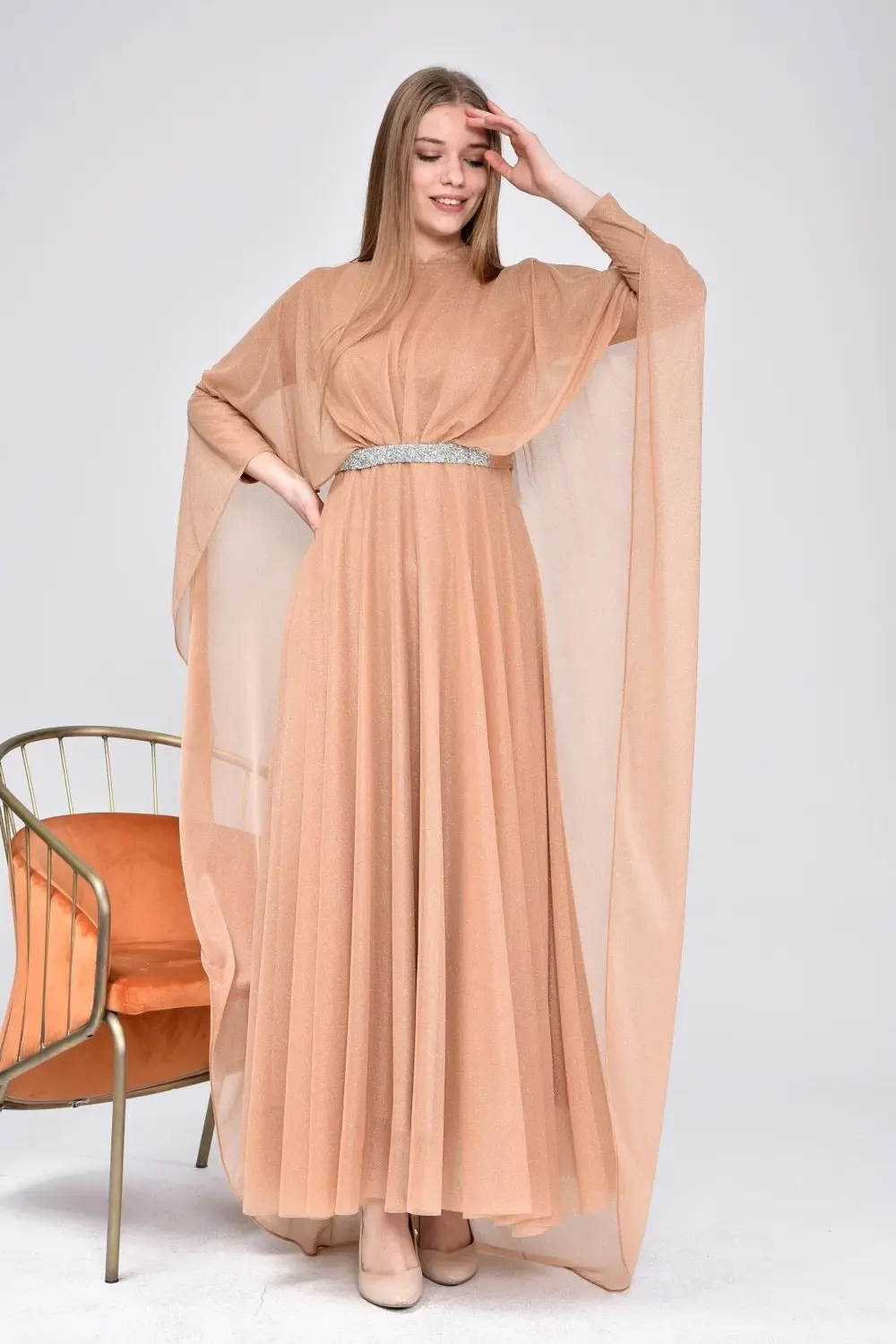 Kadin Buyuk Beden Abiye Elbise Pelerinli Ve Simli