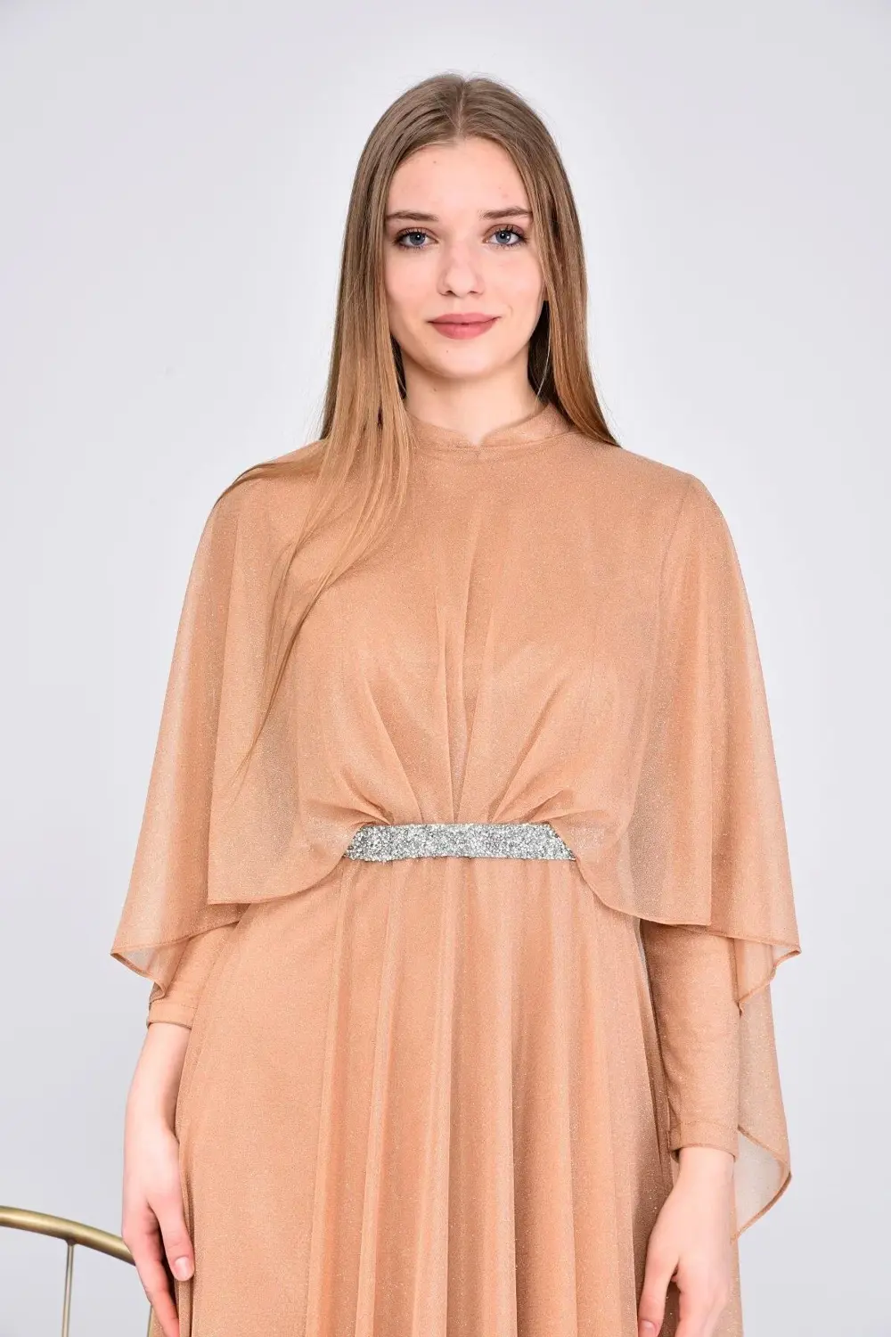 Kadin Buyuk Beden Abiye Elbise Pelerinli Ve Simli