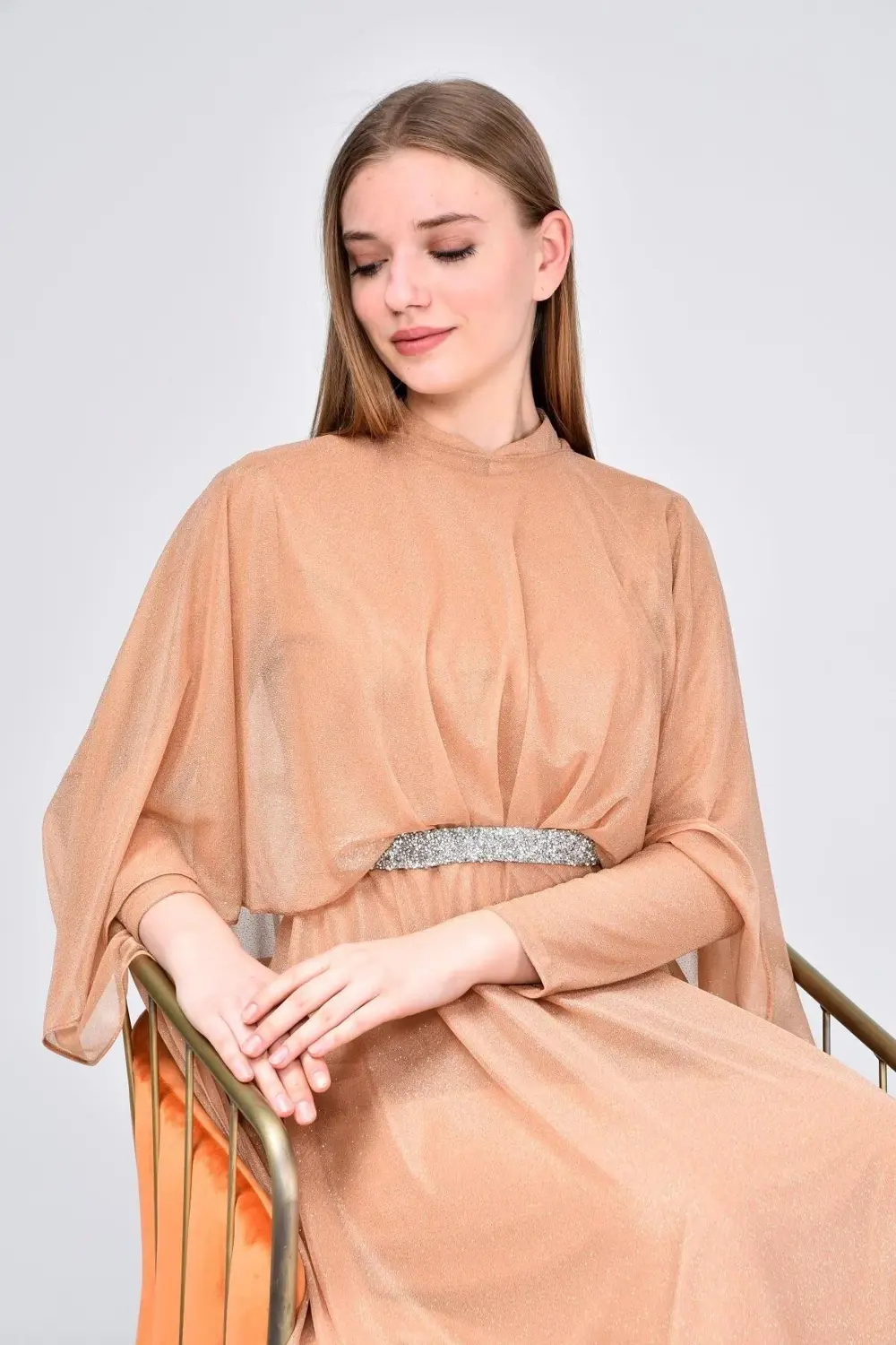 Kadin Buyuk Beden Abiye Elbise Pelerinli Ve Simli