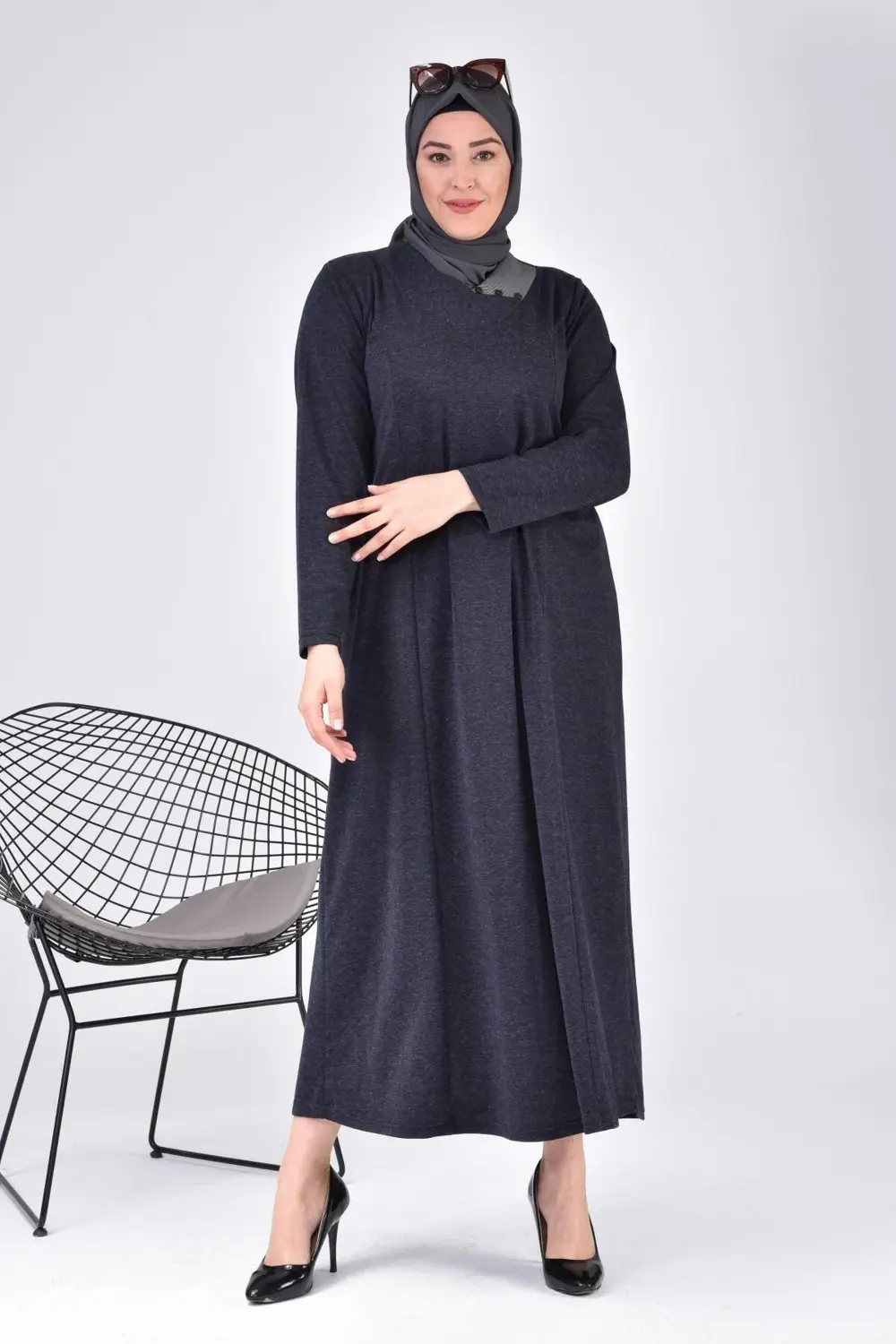 Kadin Buyuk Beden Ay Yaka Anne Elbise Uzun Tesettur