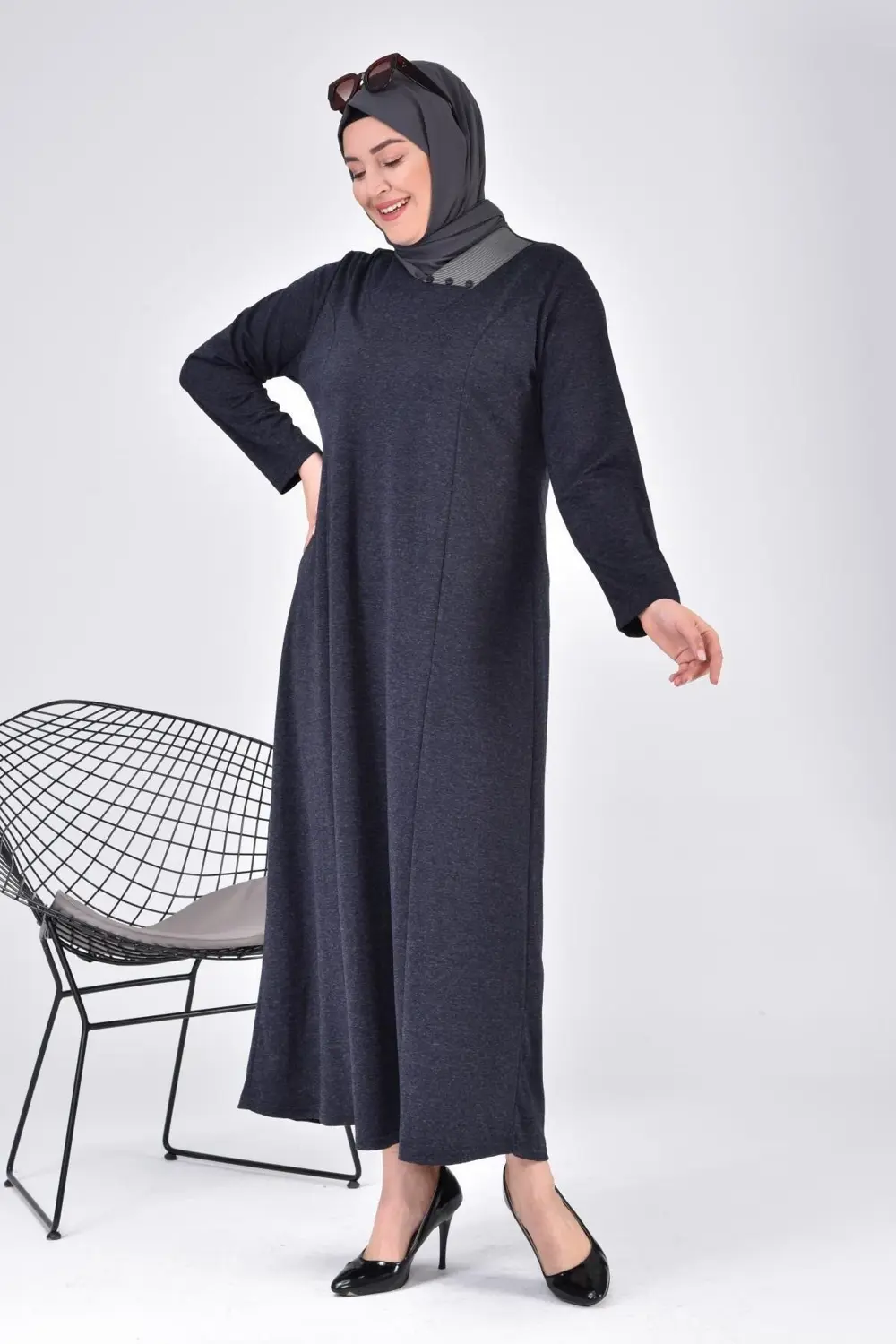 Kadin Buyuk Beden Ay Yaka Anne Elbise Uzun Tesettur