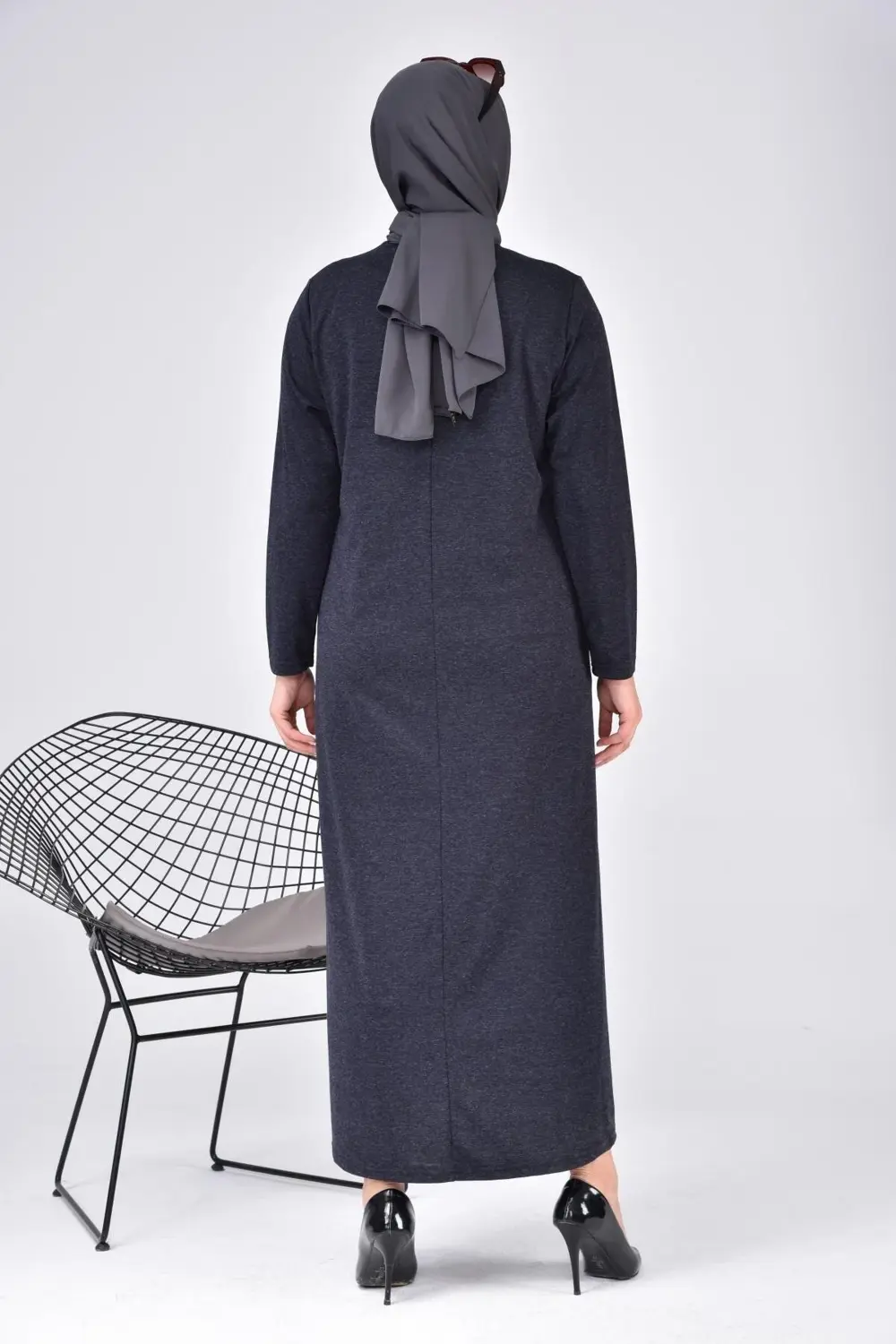 Kadin Buyuk Beden Ay Yaka Anne Elbise Uzun Tesettur