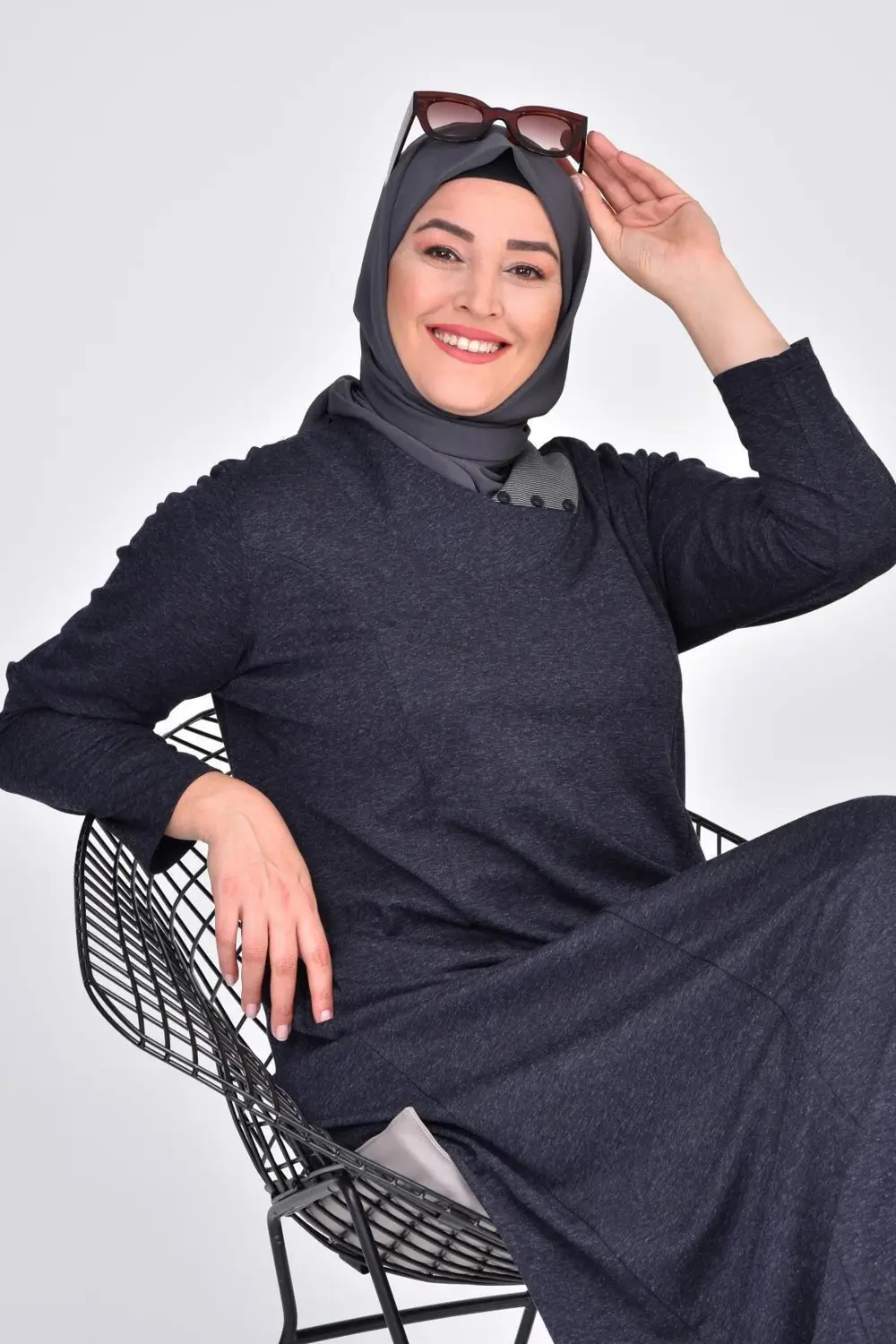 Kadin Buyuk Beden Ay Yaka Anne Elbise Uzun Tesettur