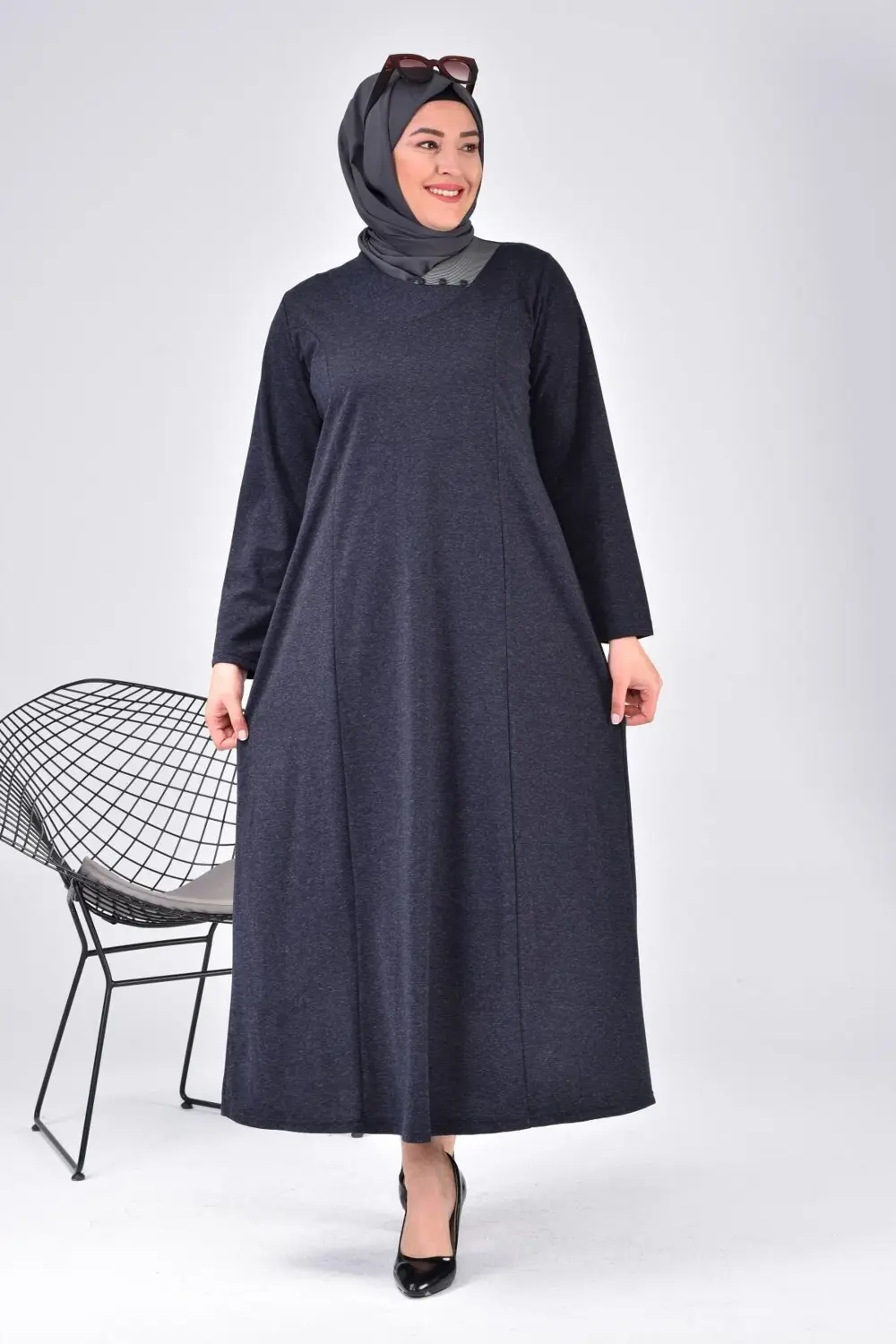 Kadin Buyuk Beden Ay Yaka Anne Elbise Uzun Tesettur