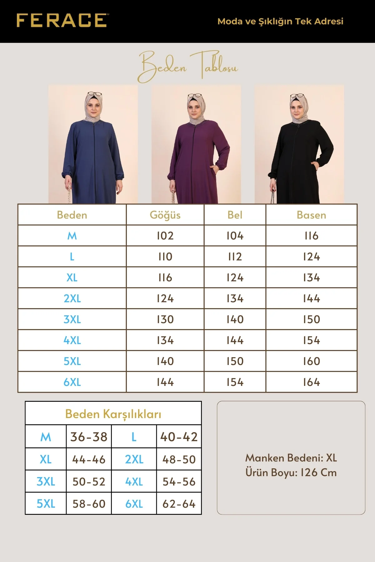 Kadin Buyuk Beden Ayrobin Ferace Fermuarlı Ve Boydan Uzun