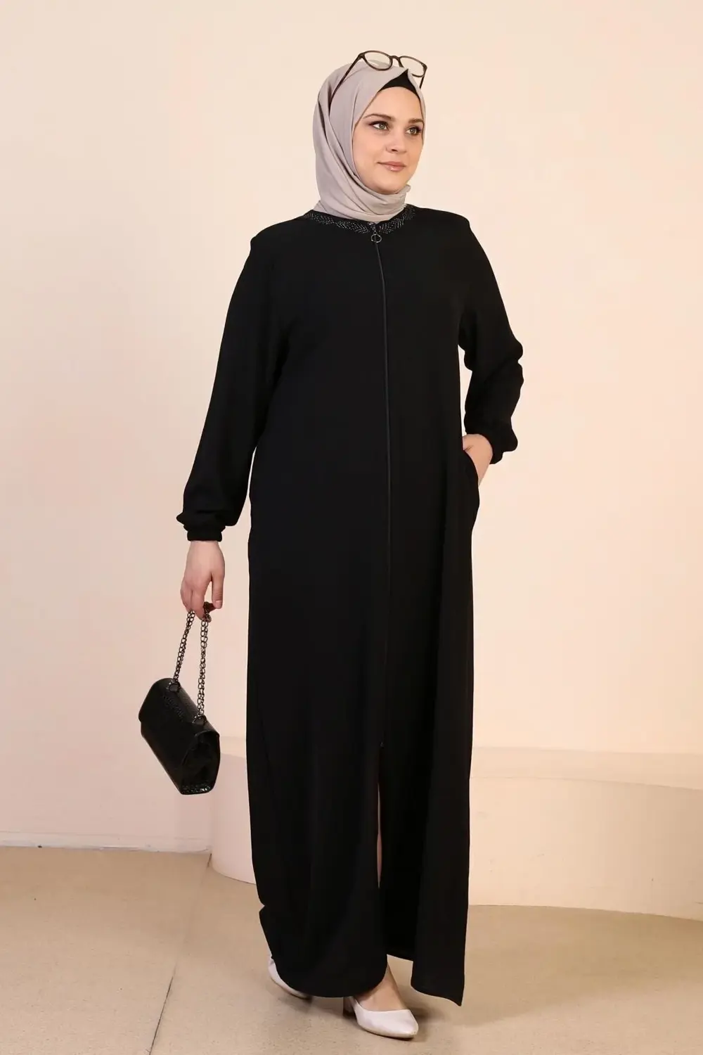 Kadin Buyuk Beden Ayrobin Ferace Fermuarlı Ve Boydan Uzun