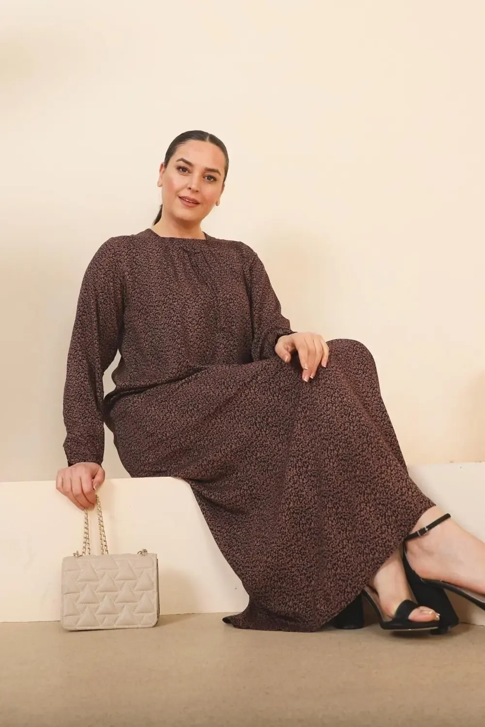 Kadin Buyuk Beden Çıtır Desen Uzun Anne Günlük Elbise