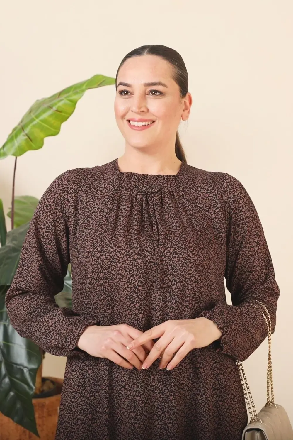 Kadin Buyuk Beden Çıtır Desen Uzun Anne Günlük Elbise