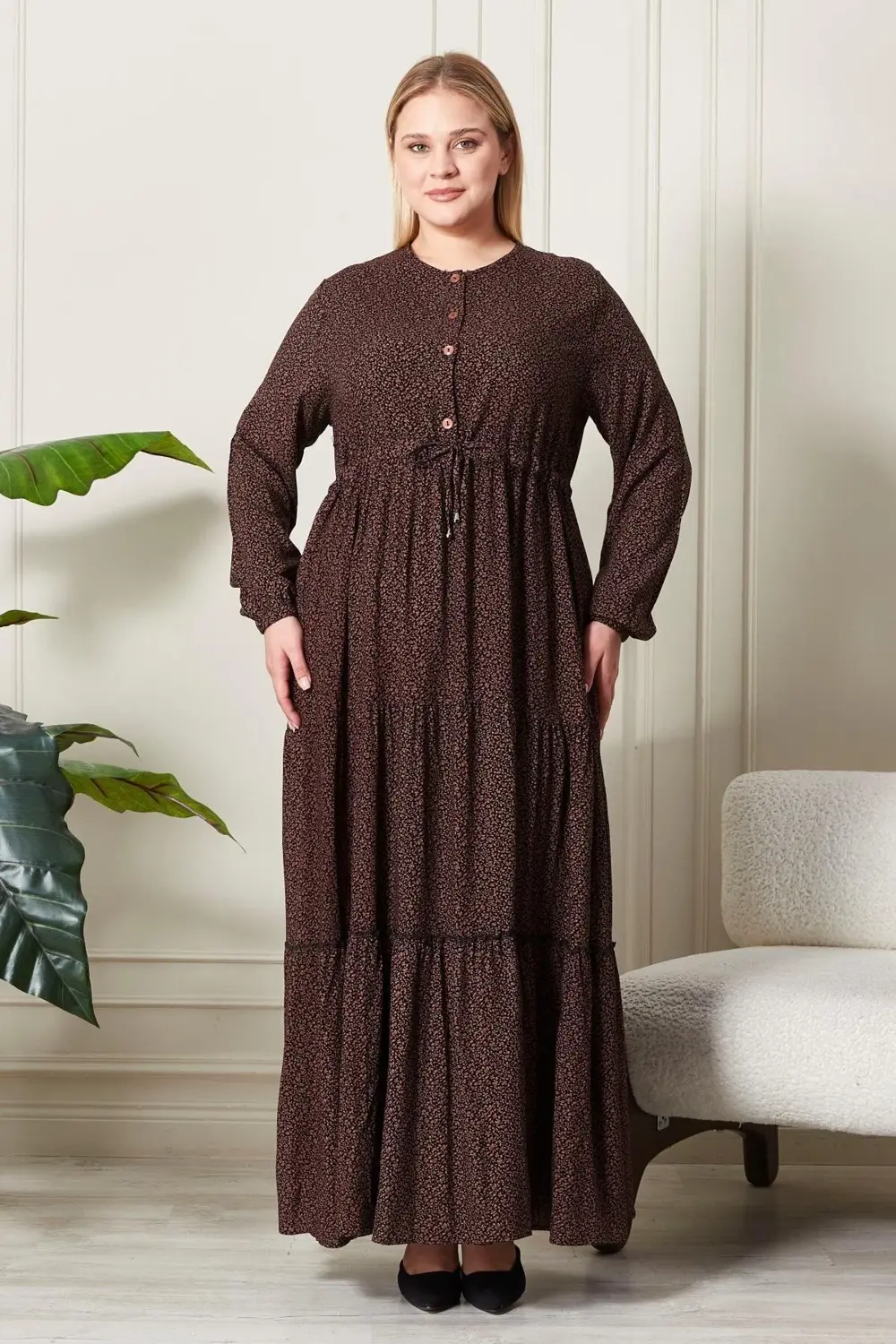 Kadın Büyük Beden Çıtır Kumaş Düğmeli Elbise