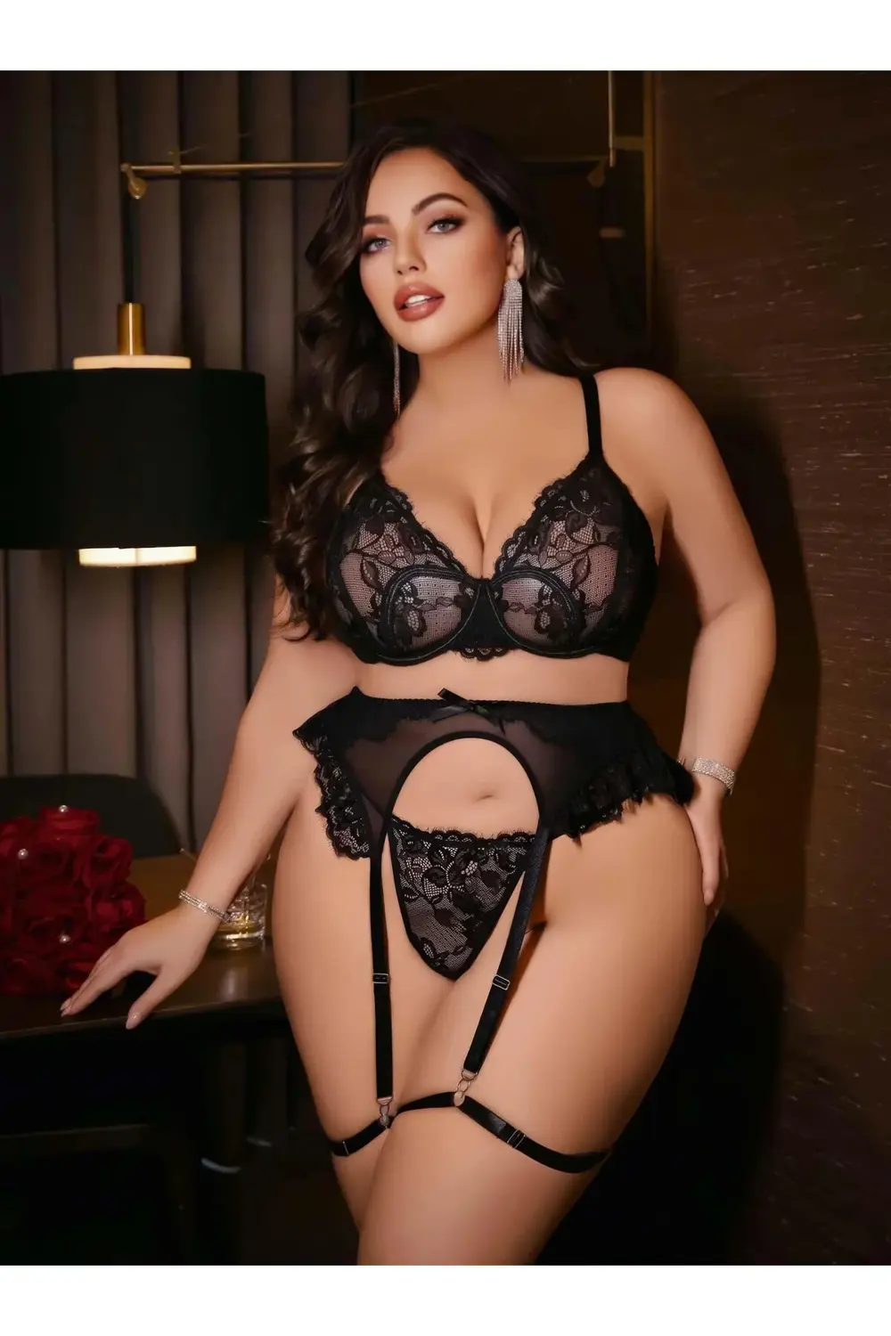 Kadın Büyük beden dantel detaylı fantezi jartiyer takımı 8010