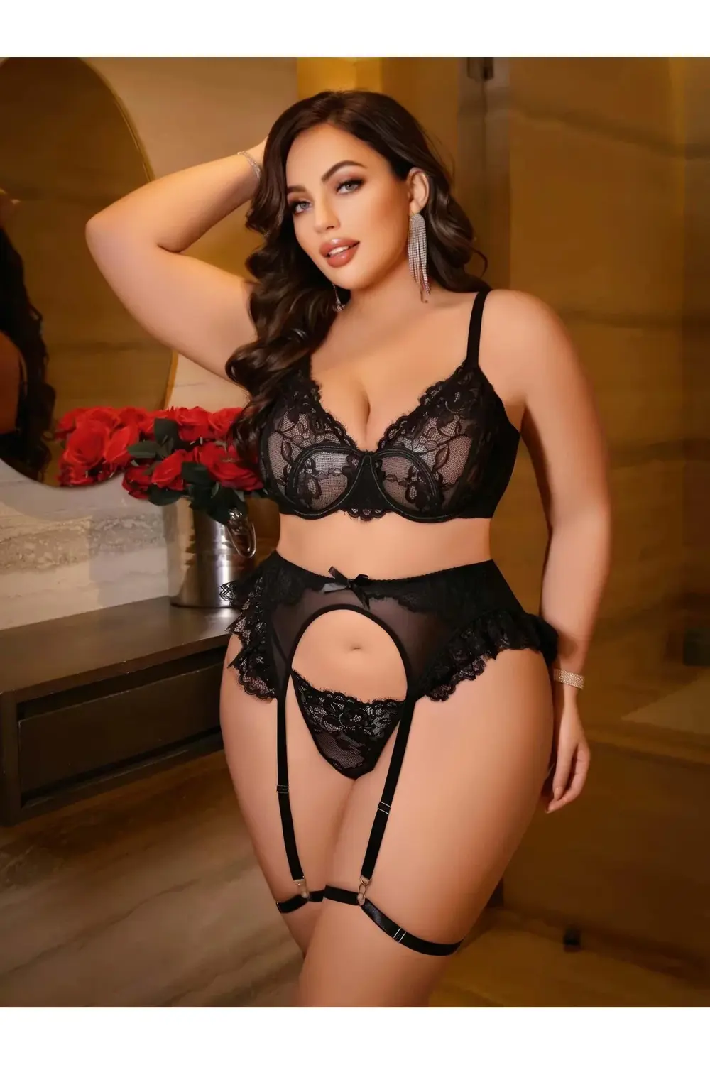 Kadın Büyük beden dantel detaylı fantezi jartiyer takımı 8010