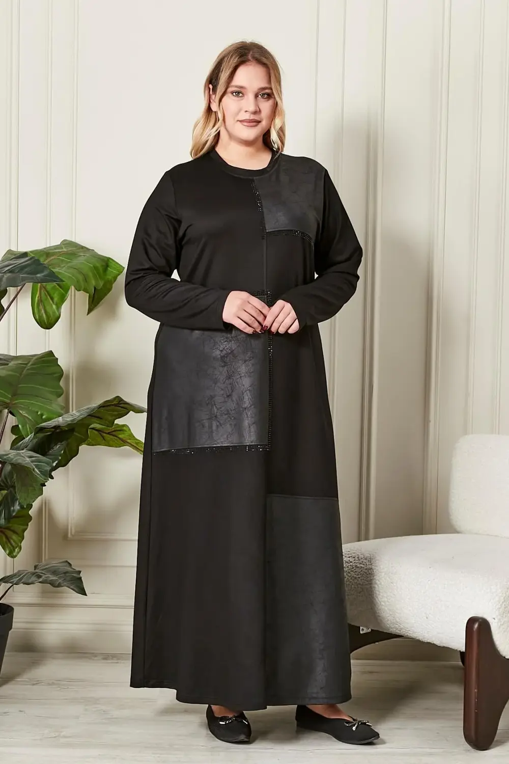 Kadın Büyük Beden Deri Detaylı Kristal Penye Elbise