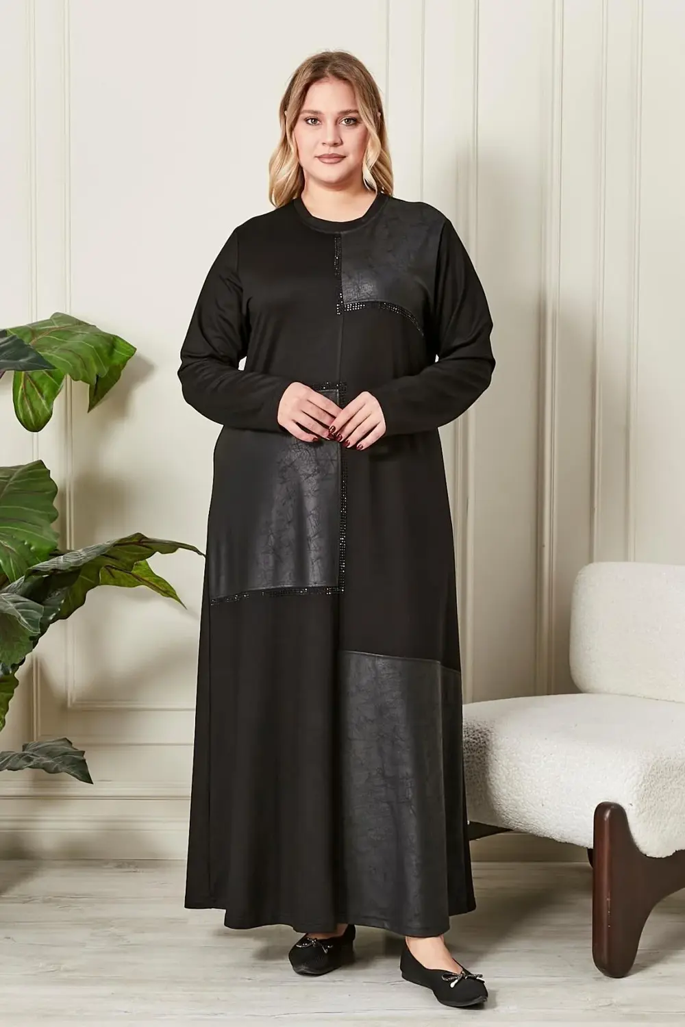 Kadın Büyük Beden Deri Detaylı Kristal Penye Elbise