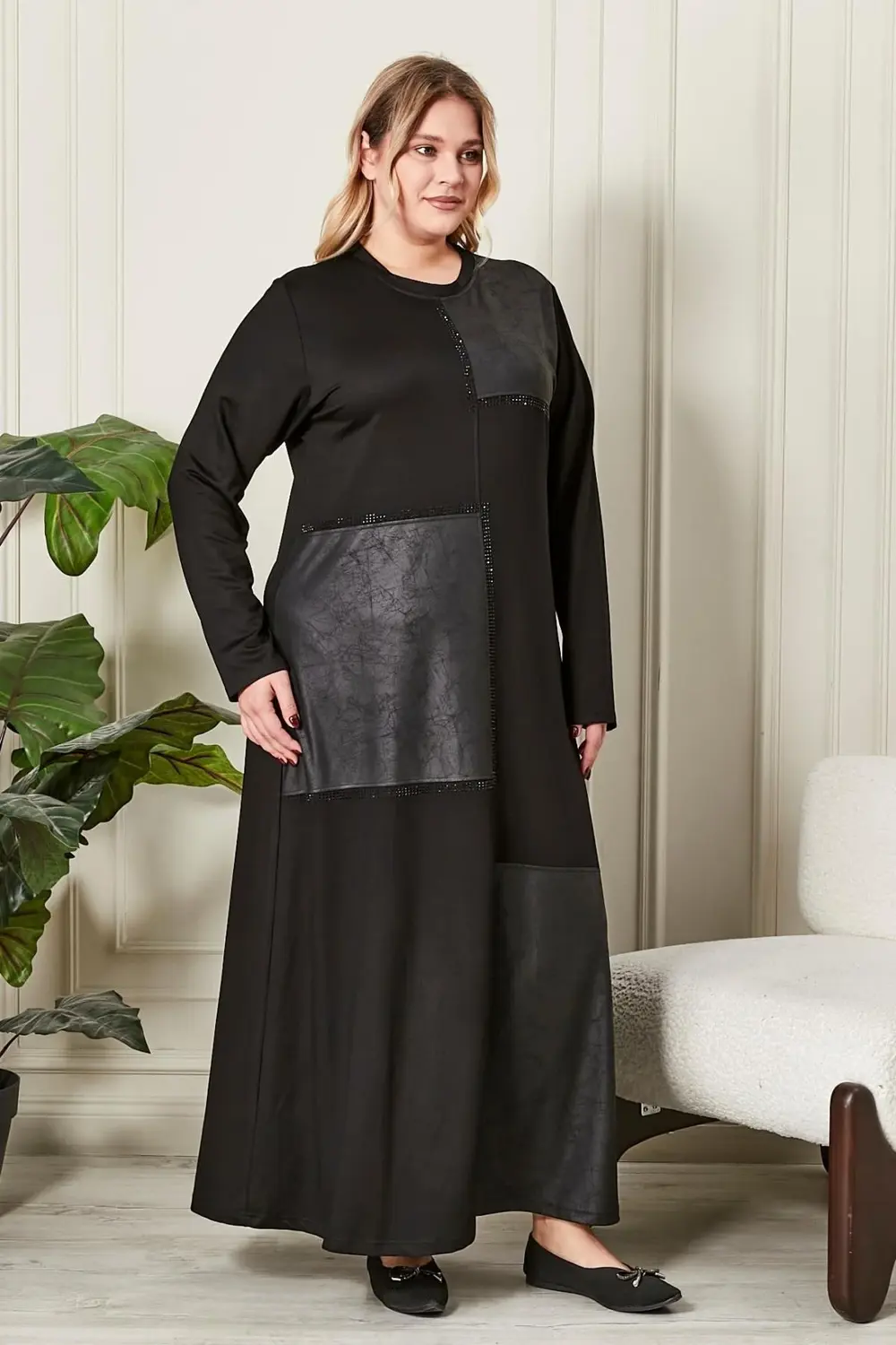 Kadın Büyük Beden Deri Detaylı Kristal Penye Elbise