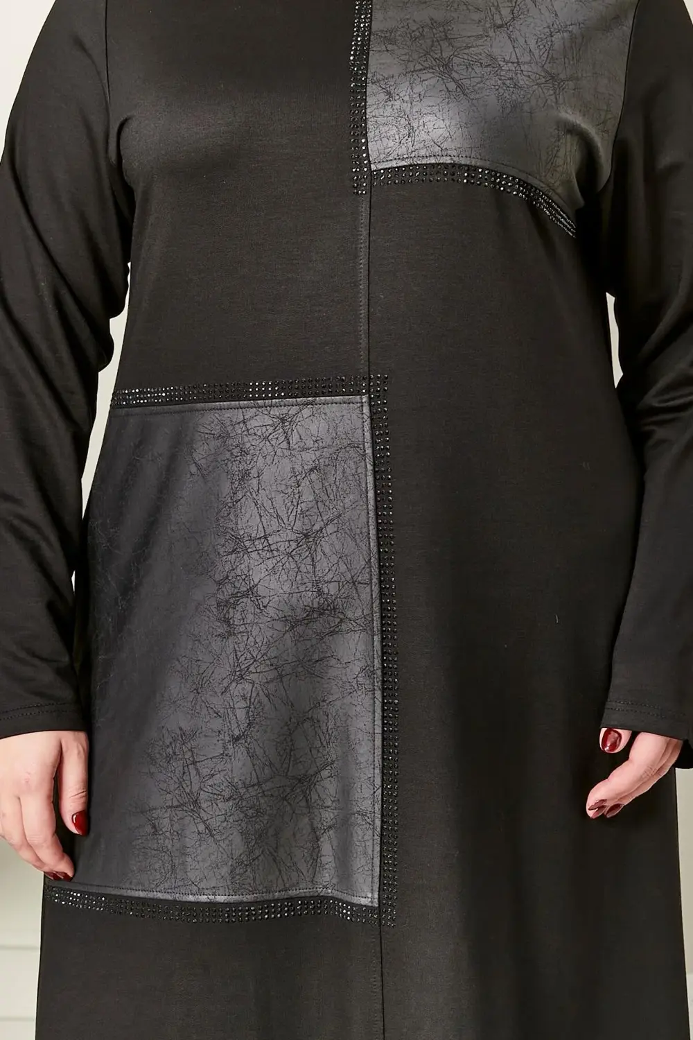 Kadın Büyük Beden Deri Detaylı Kristal Penye Elbise