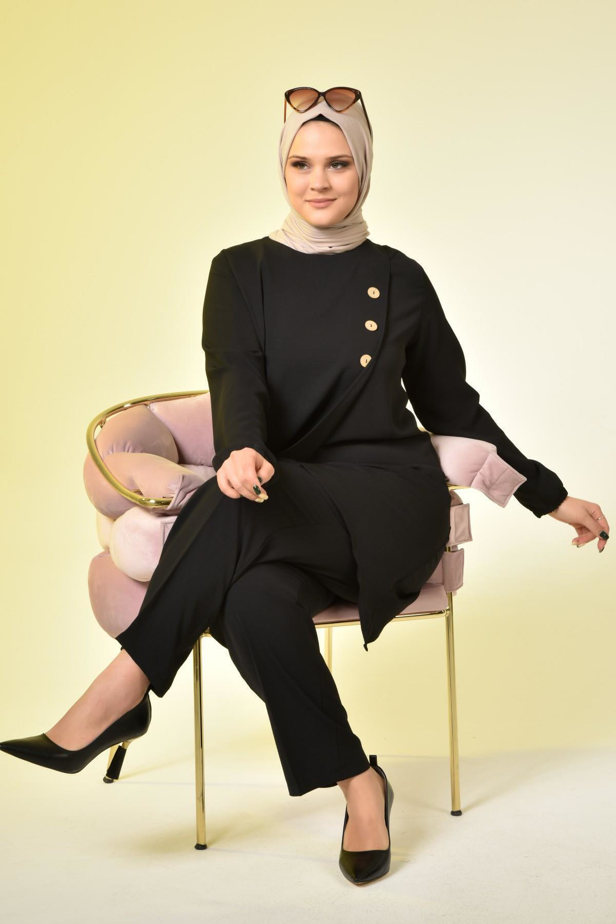 Ferace Kadin Buyuk Beden Düğmeli İkili Tesettur Tunik Takim