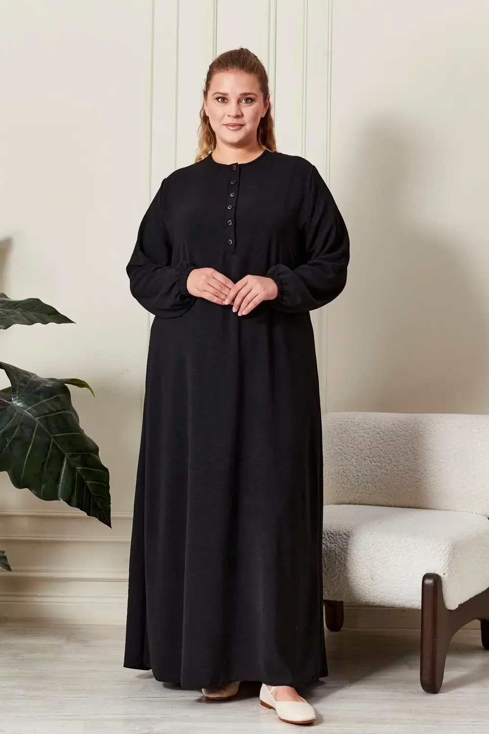Kadın Büyük Beden Düğmeli Babanne Elbisesi