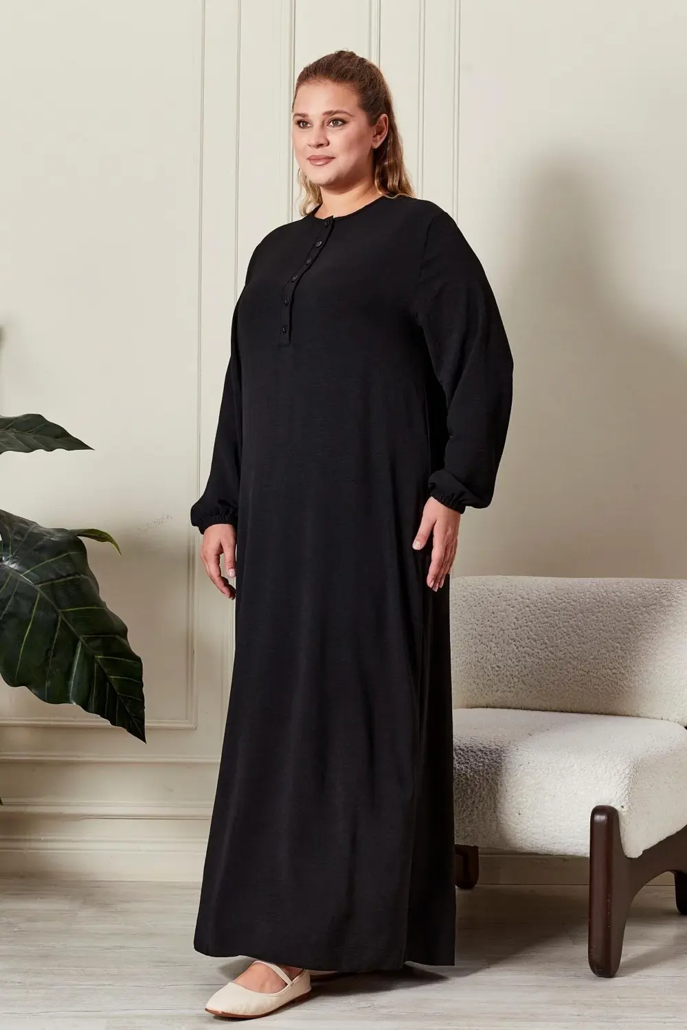 Kadın Büyük Beden Düğmeli Babanne Elbisesi