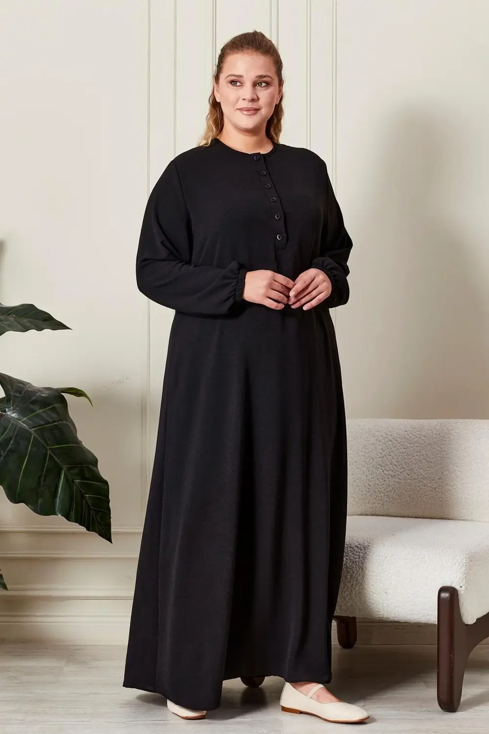 Kadın Büyük Beden Düğmeli Babanne Elbisesi