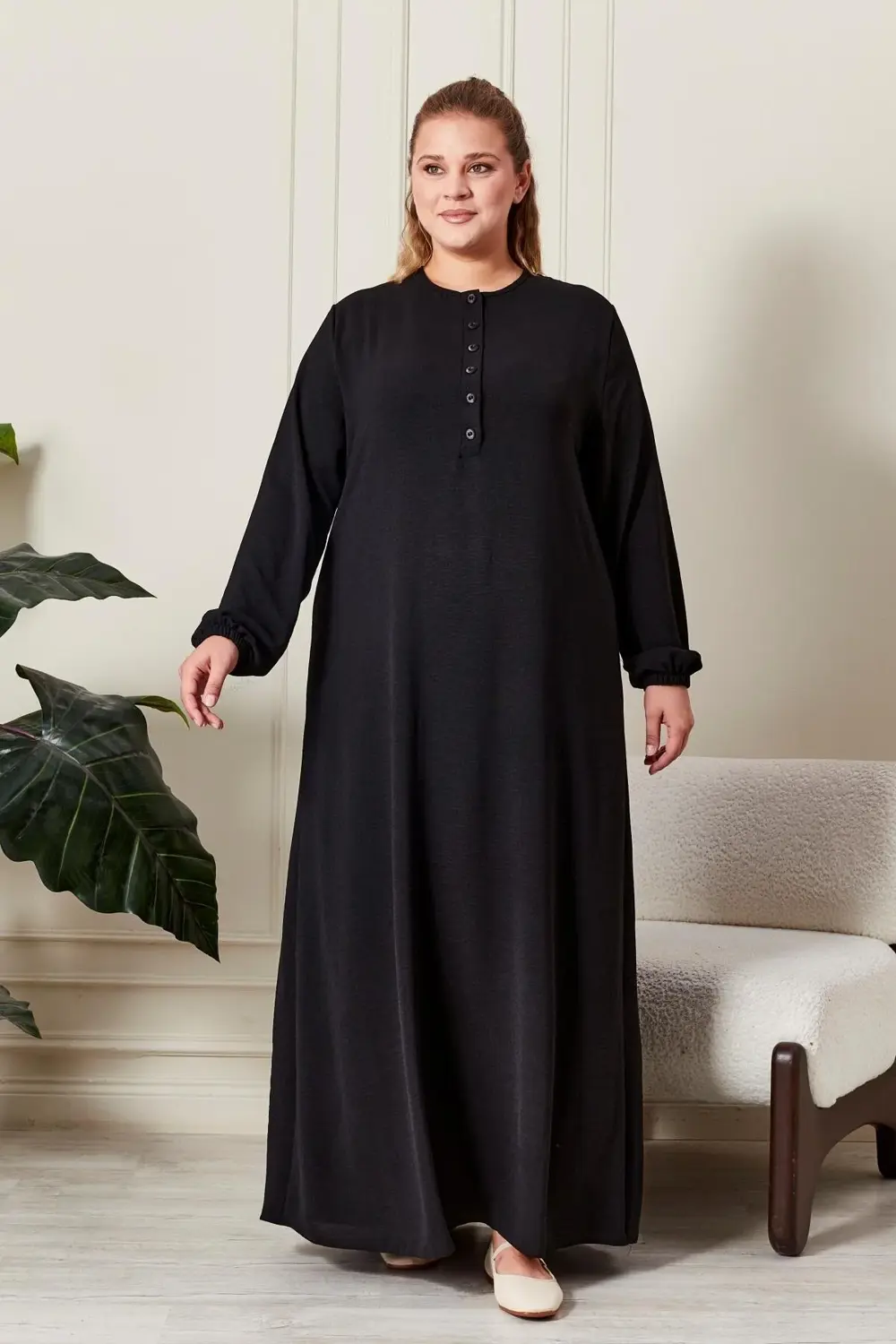 Kadın Büyük Beden Düğmeli Babanne Elbisesi