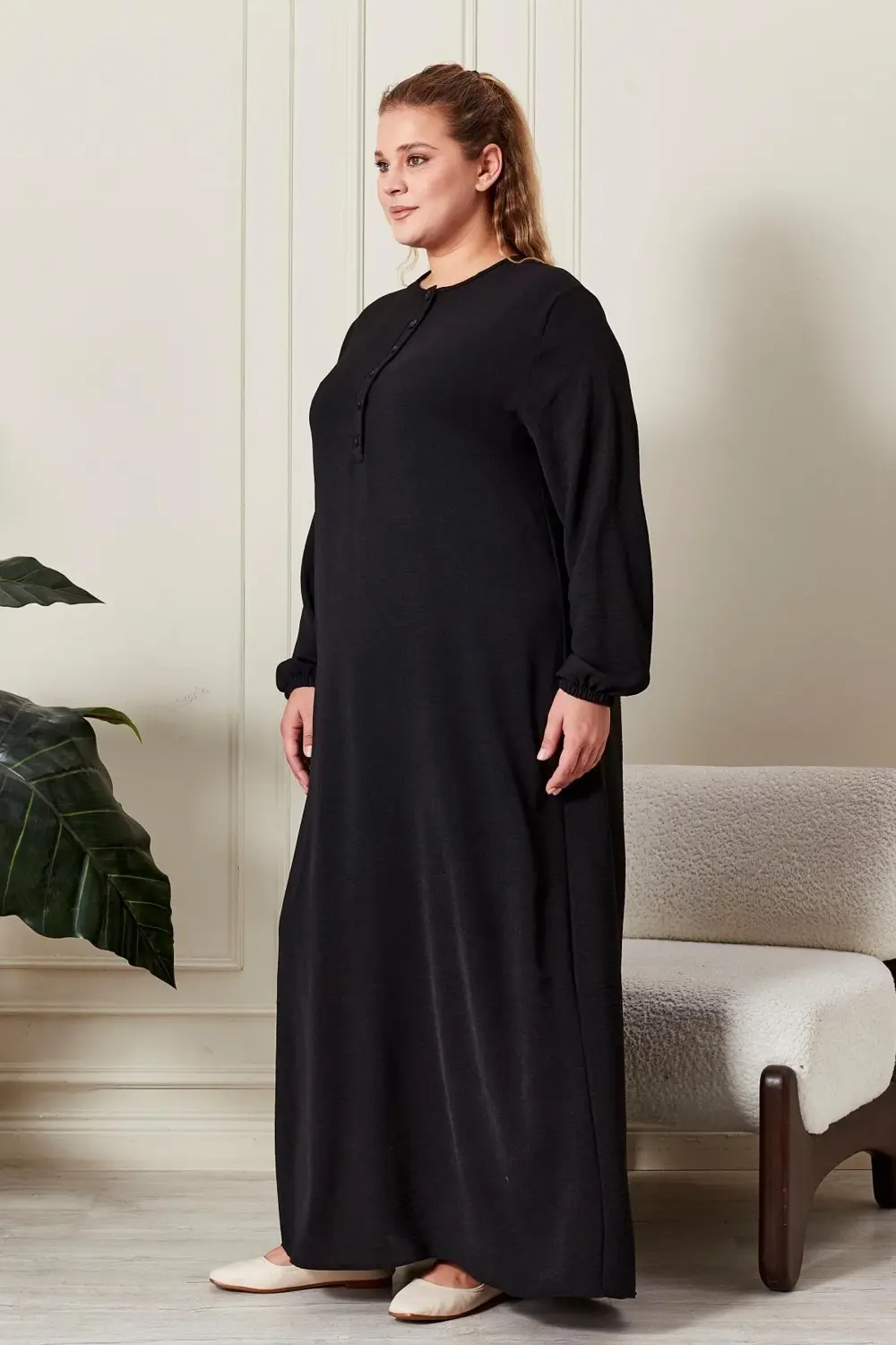 Kadın Büyük Beden Düğmeli Babanne Elbisesi