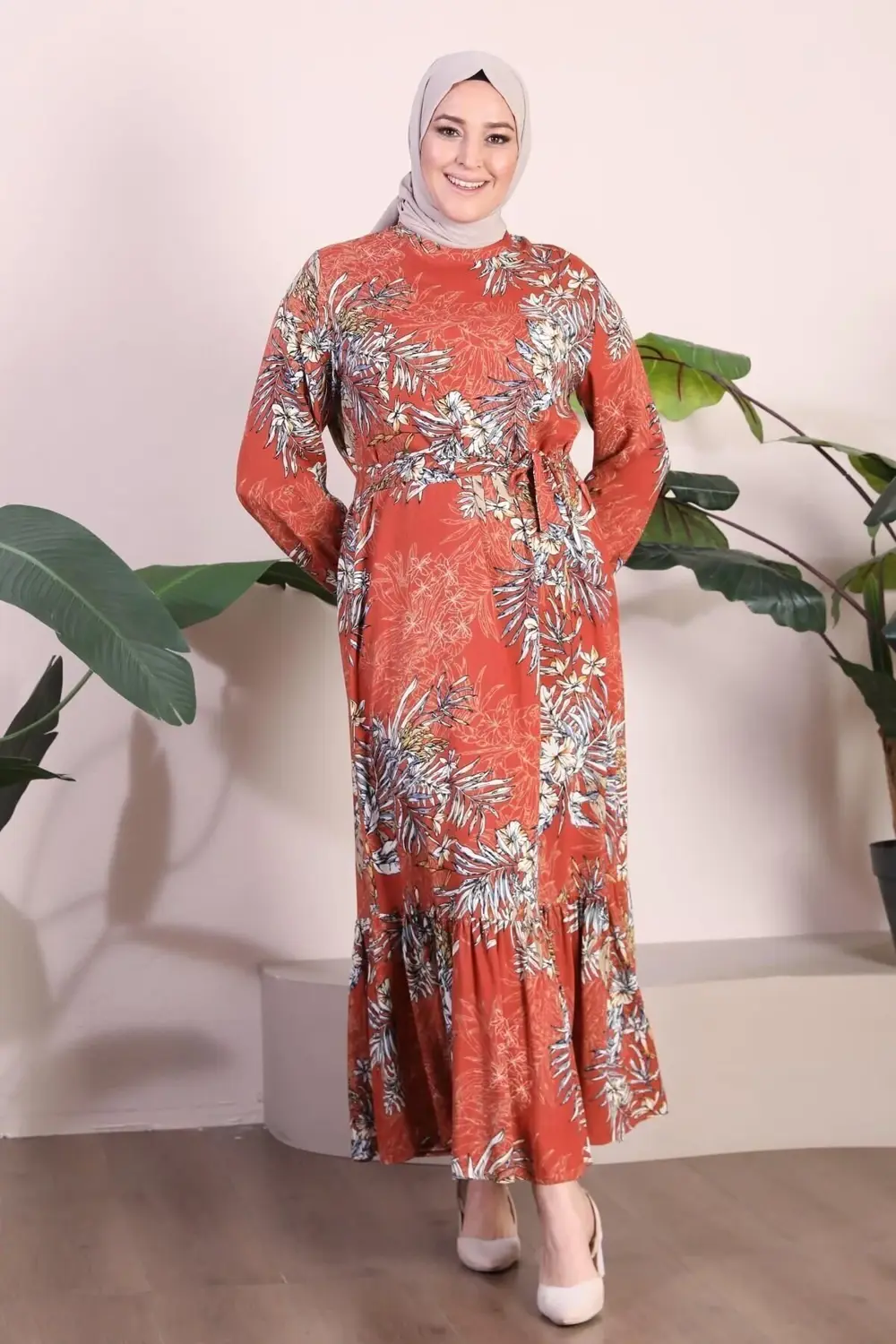 Kadin Büyük Beden Elbise Palmiye Desenli Viskon Elbise