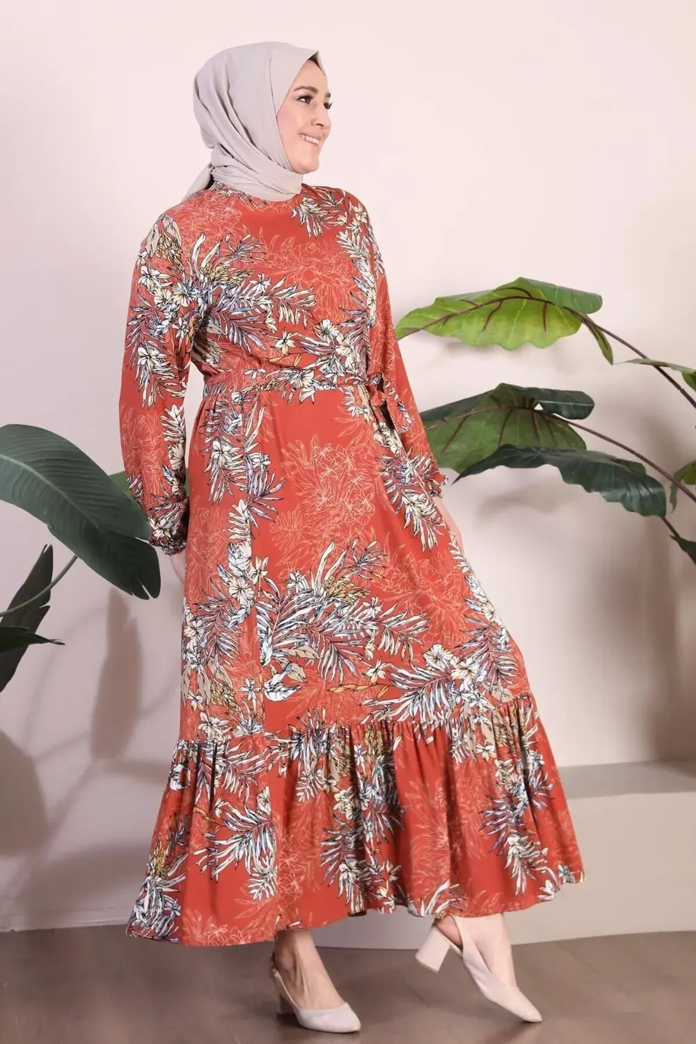 Kadin Büyük Beden Elbise Palmiye Desenli Viskon Elbise