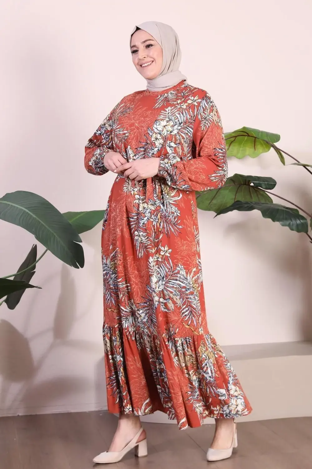 Kadin Büyük Beden Elbise Palmiye Desenli Viskon Elbise