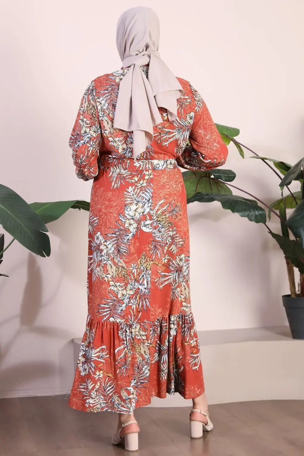 Kadin Büyük Beden Elbise Palmiye Desenli Viskon Elbise