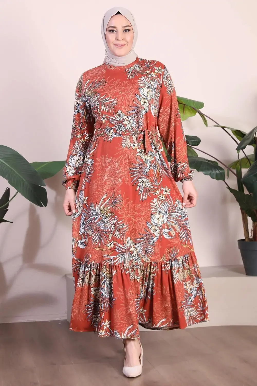 Kadin Büyük Beden Elbise Palmiye Desenli Viskon Elbise