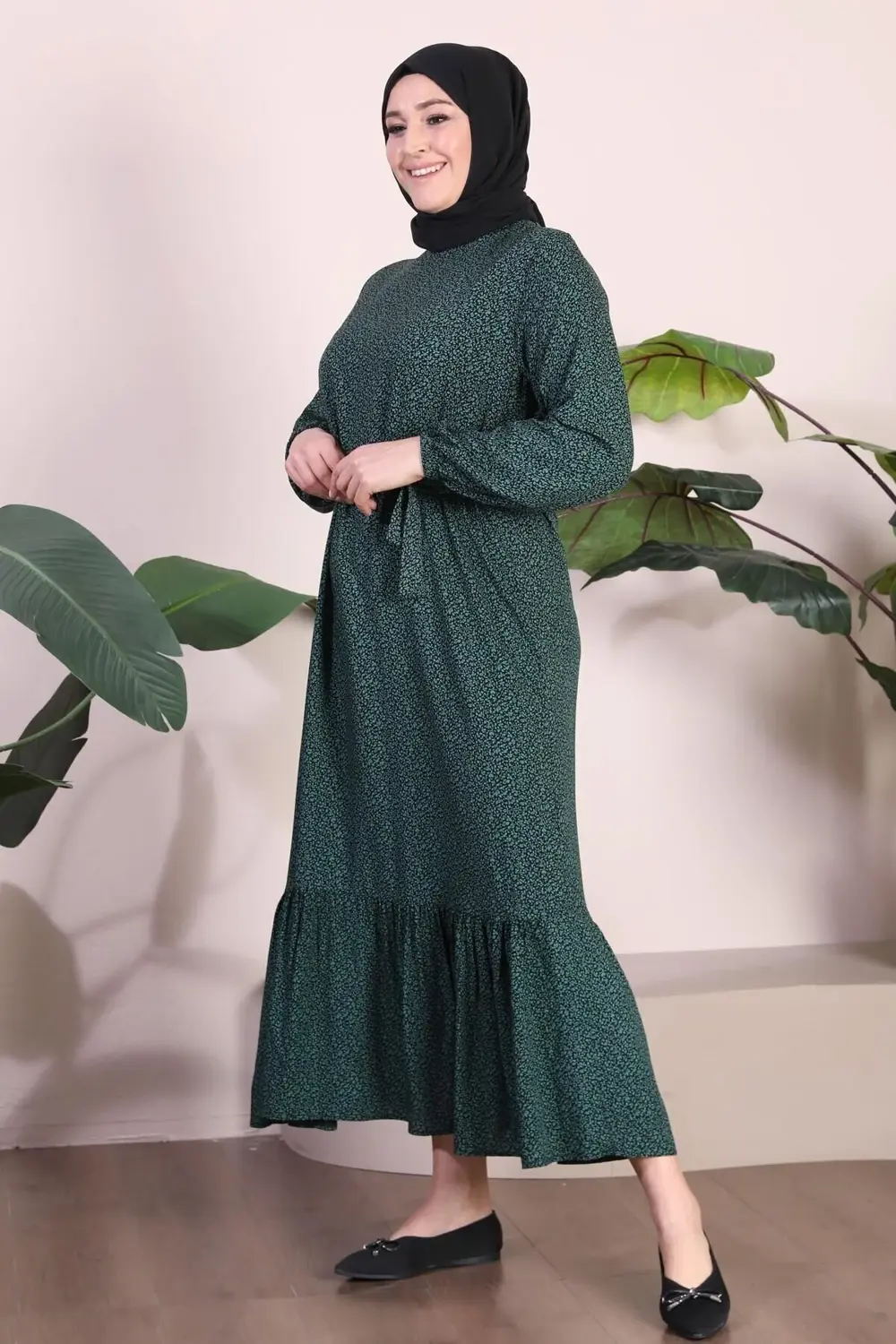 Kadin Buyuk Beden Elbise Tesettur Giyim Hakim Yaka Çıtır Desen