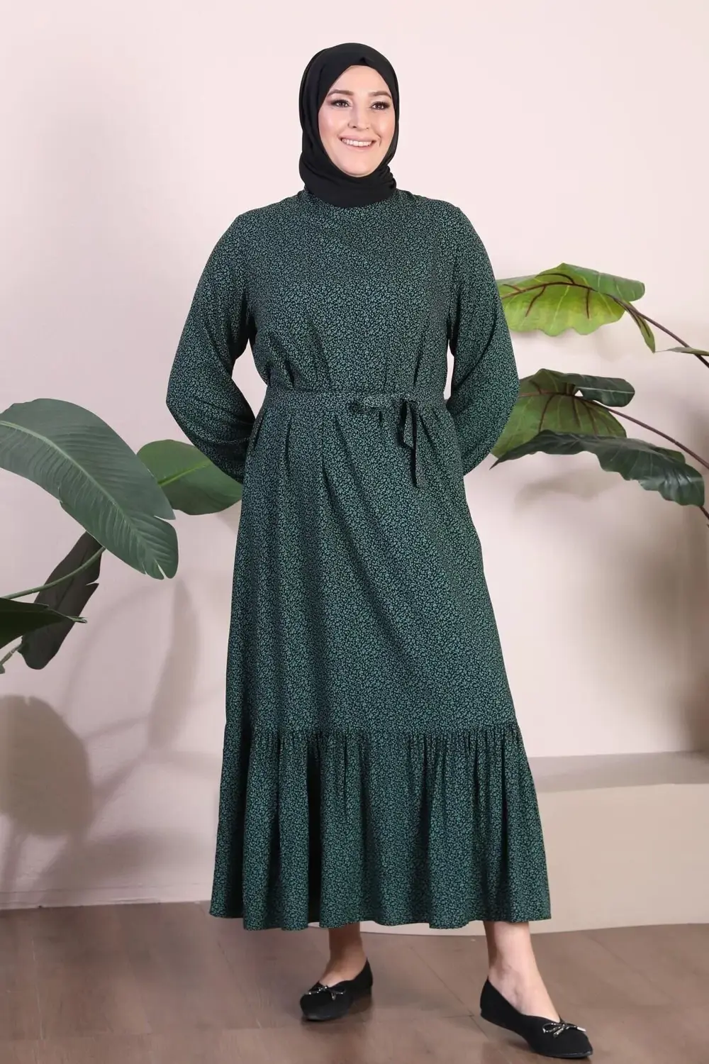 Kadin Buyuk Beden Elbise Tesettur Giyim Hakim Yaka Çıtır Desen