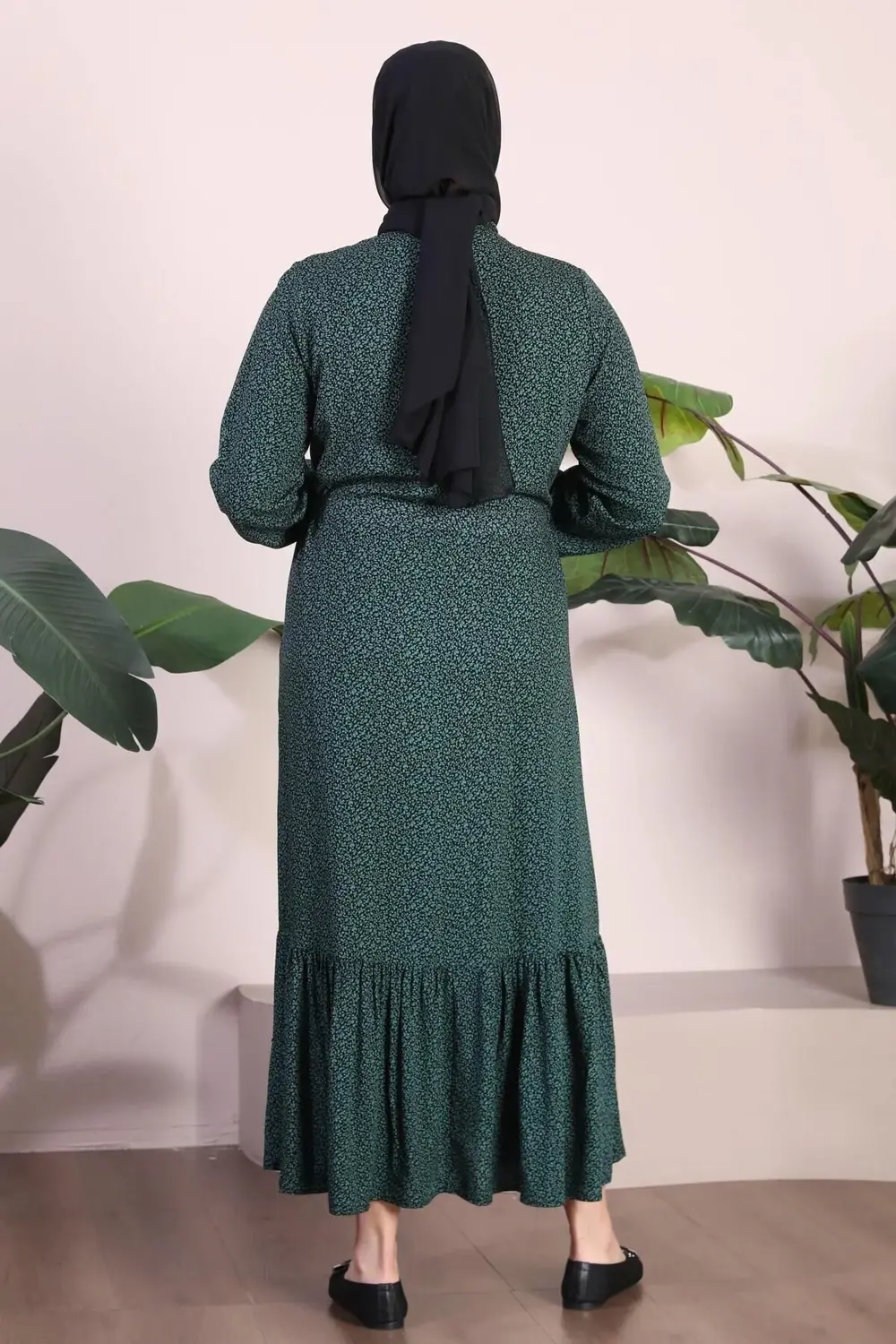 Kadin Buyuk Beden Elbise Tesettur Giyim Hakim Yaka Çıtır Desen