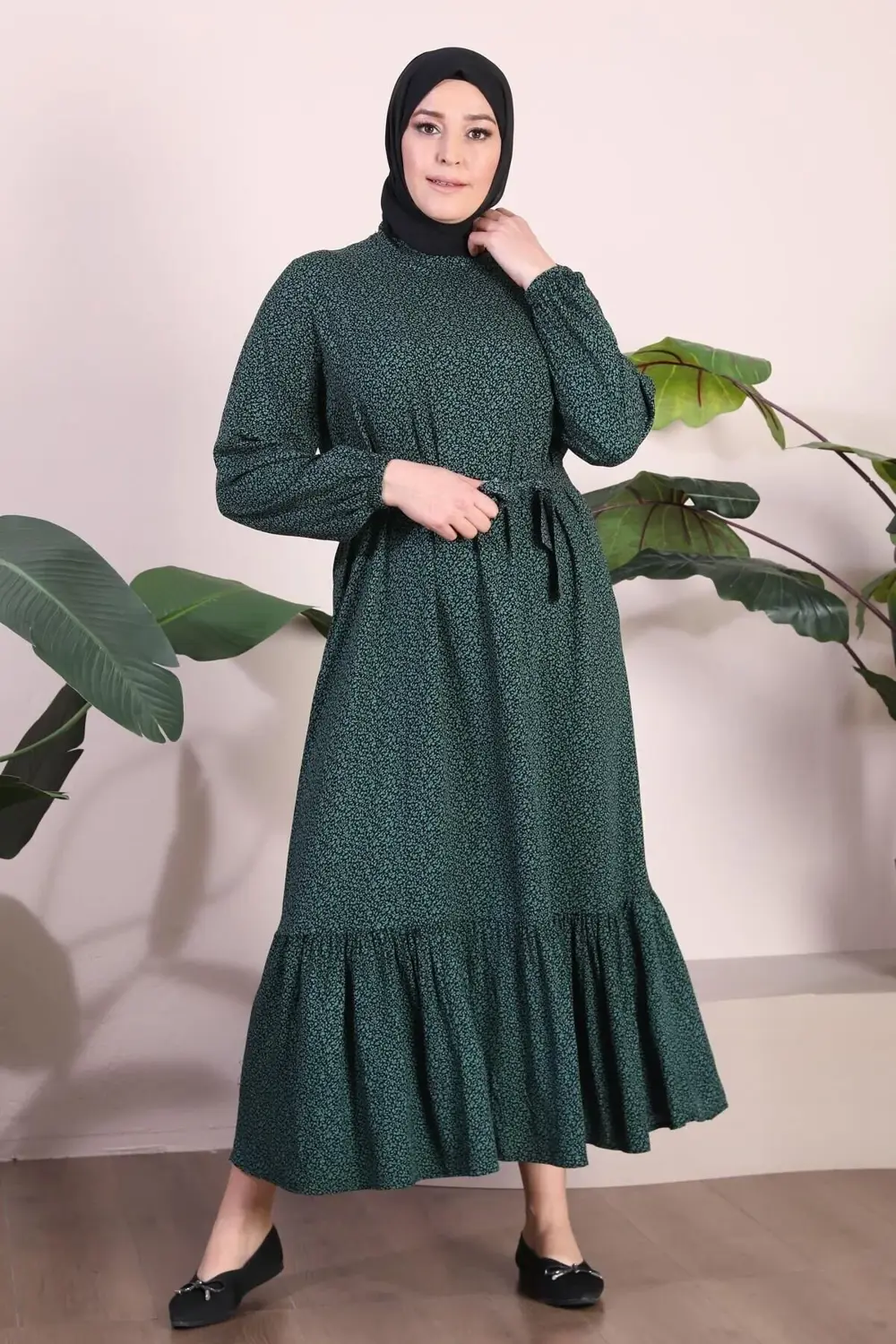 Kadin Buyuk Beden Elbise Tesettur Giyim Hakim Yaka Çıtır Desen