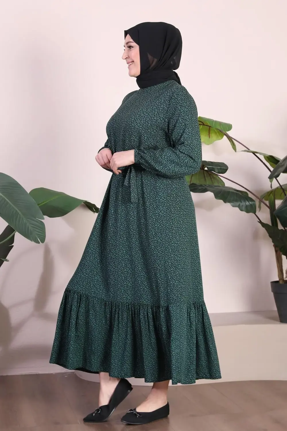 Kadin Buyuk Beden Elbise Tesettur Giyim Hakim Yaka Çıtır Desen