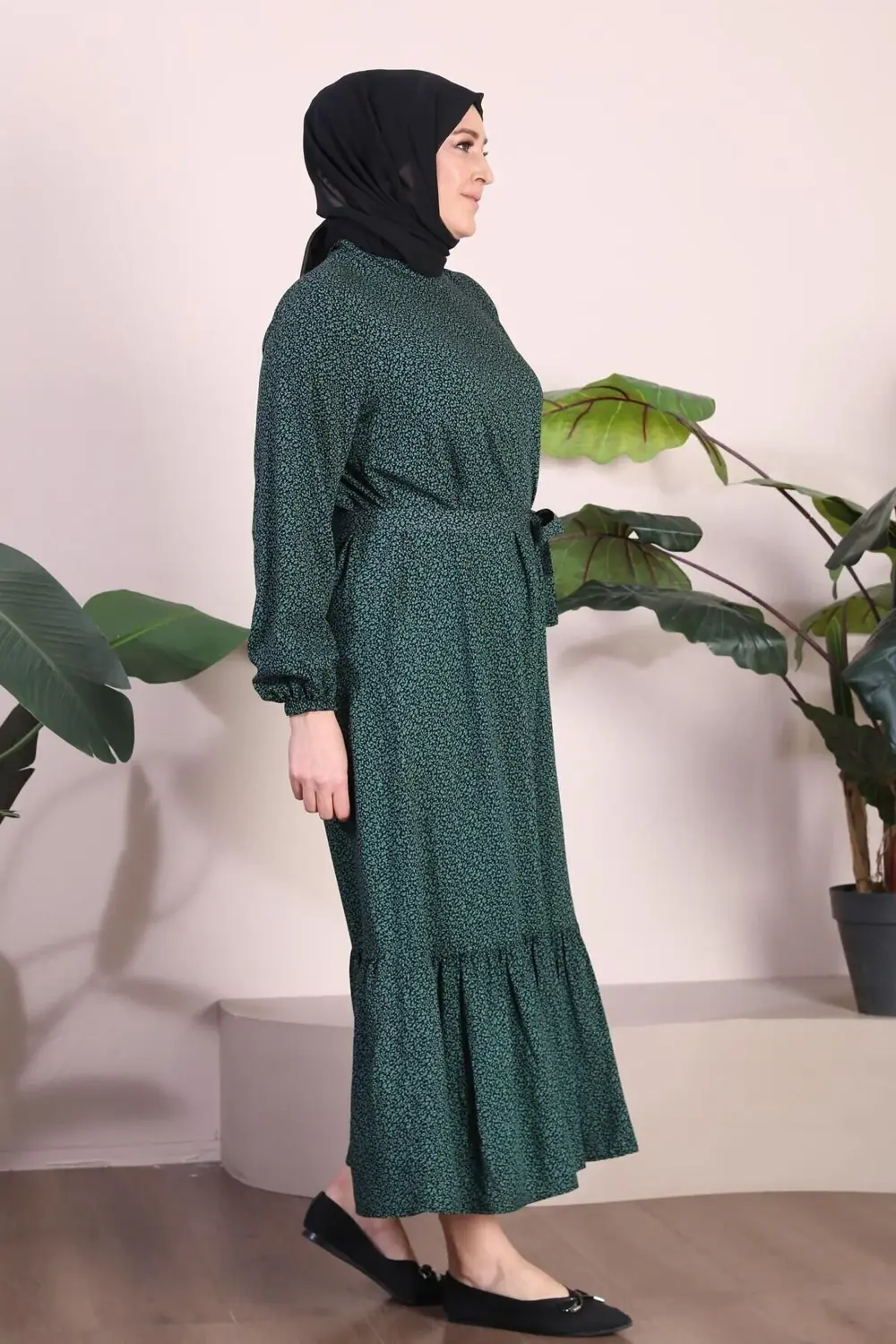 Kadin Buyuk Beden Elbise Tesettur Giyim Hakim Yaka Çıtır Desen