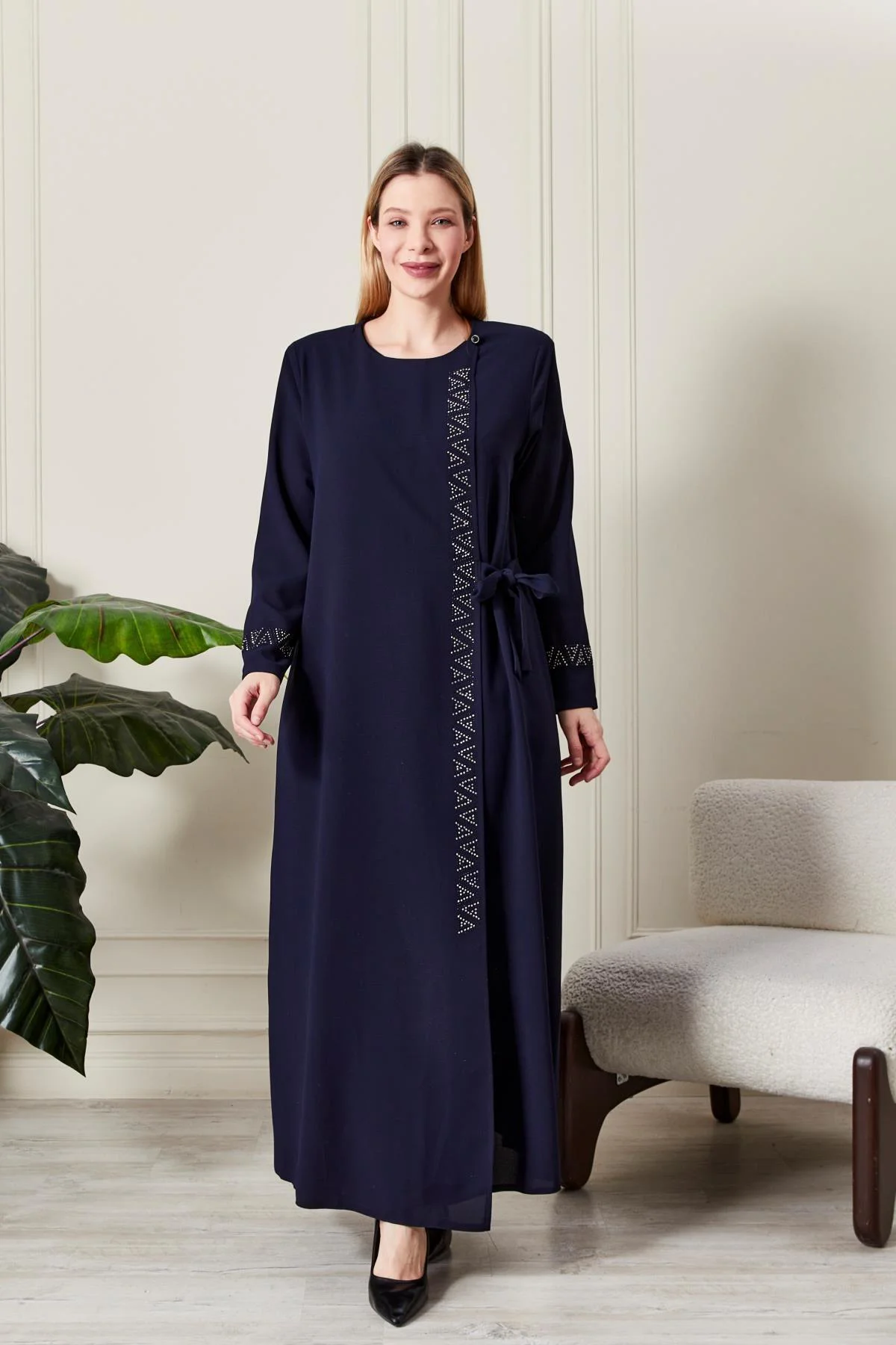 Kadın Büyük Beden Etamin Taş İşlemeli Abaya